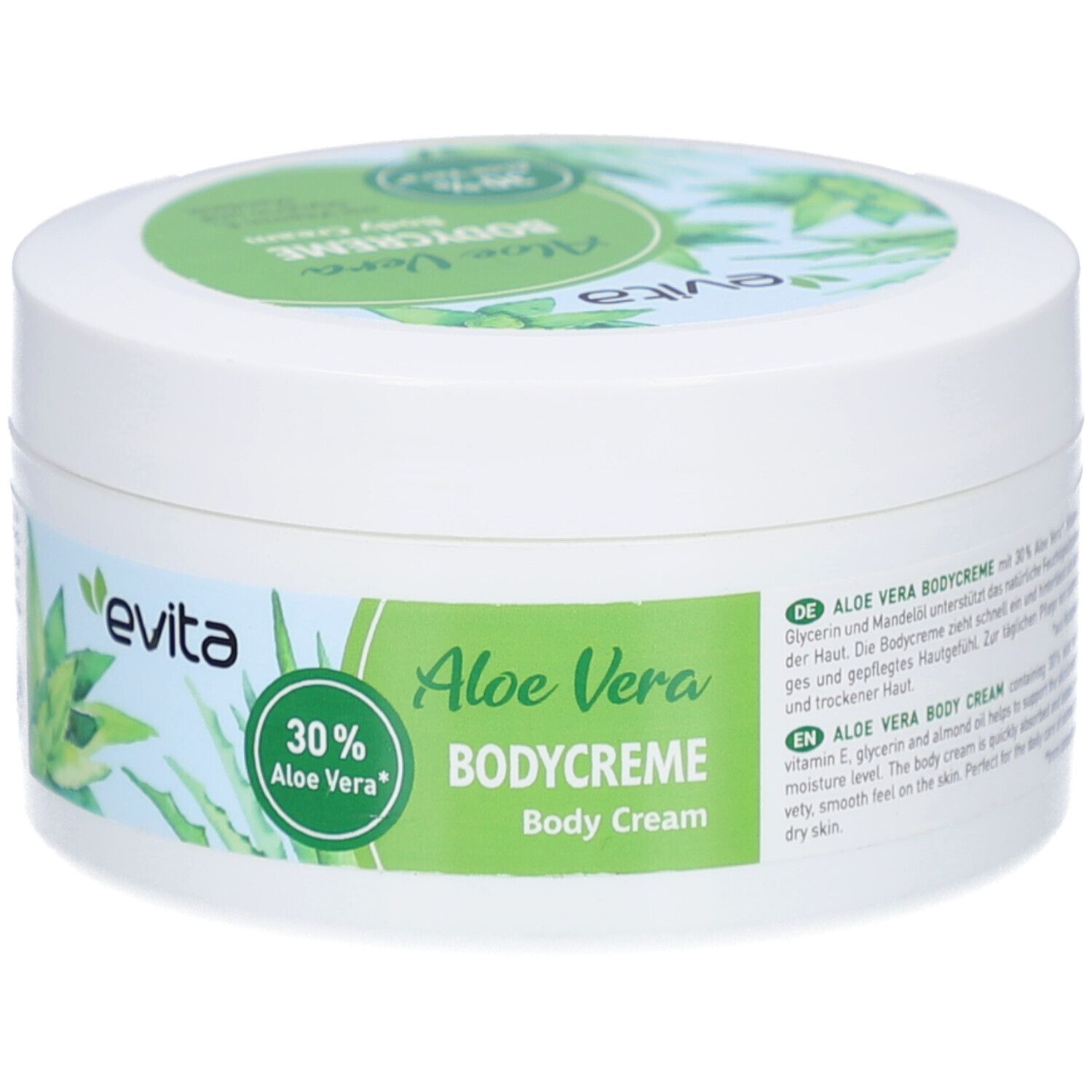 Pot blanc avec couvercle vert. Autocollant avec motif Aloe Vera et texte BODYCREME Aloe Vera 30% evita.