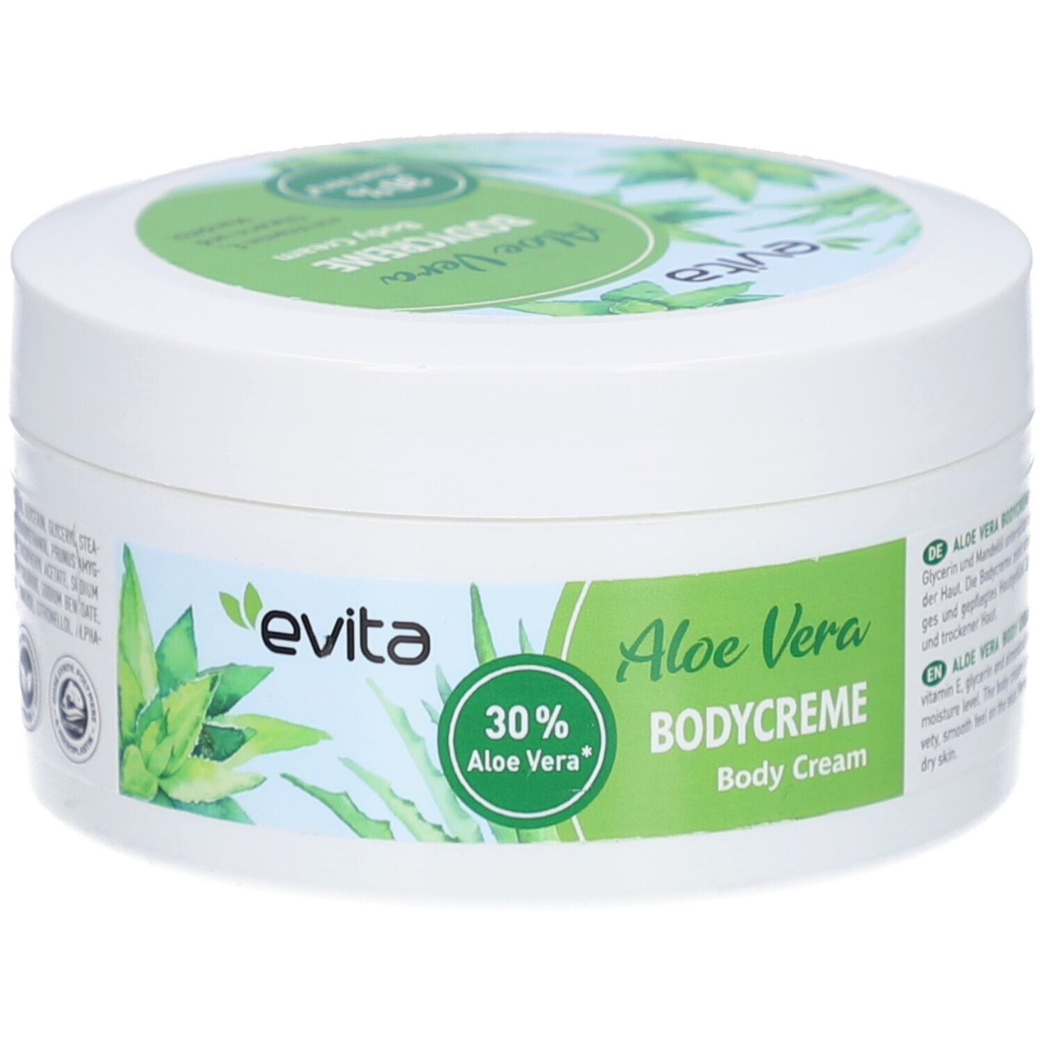 Pot blanc avec couvercle vert. Autocollant avec motif Aloe Vera et texte BODYCREME Aloe Vera 30% evita.