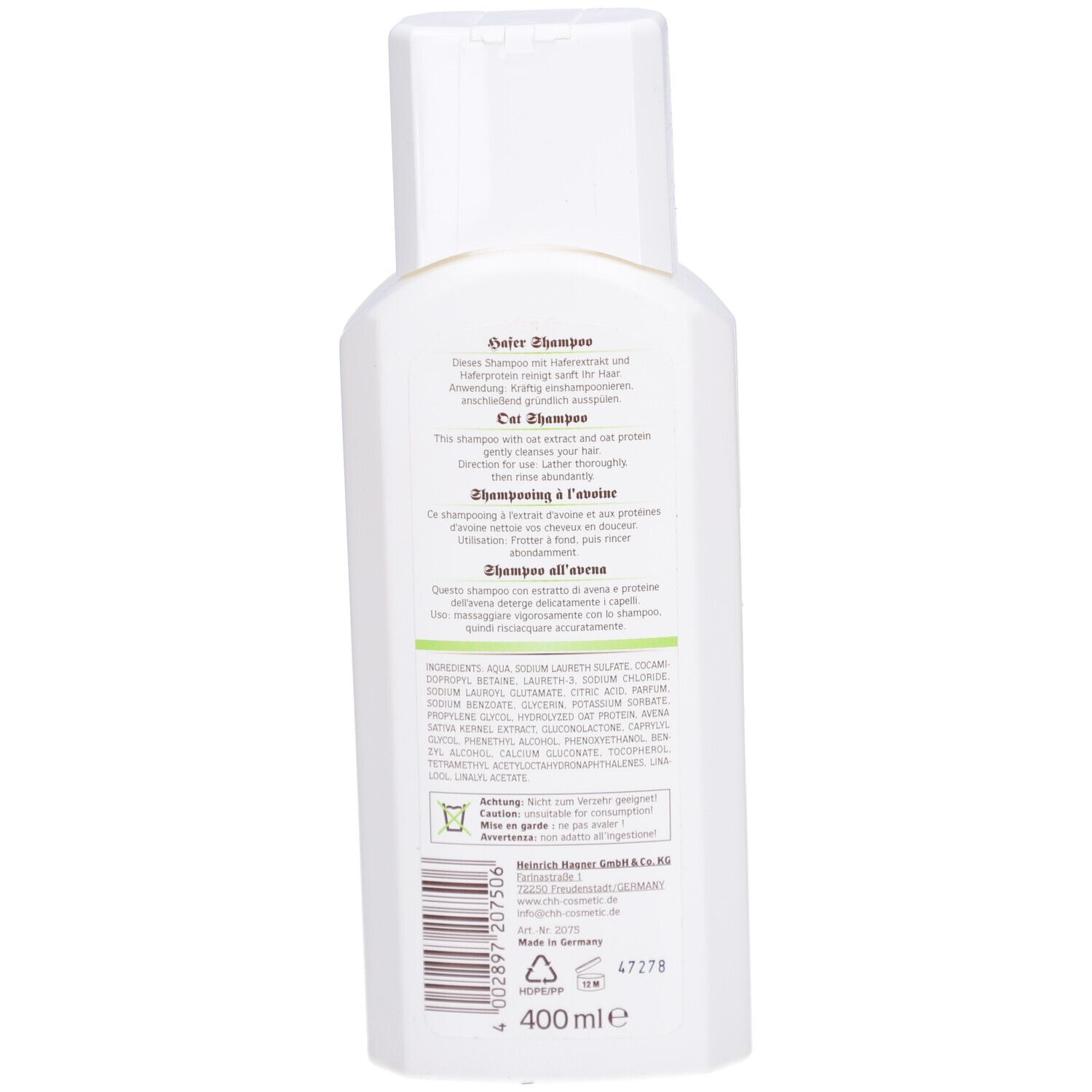 Dos d'un flacon blanc. Texte en plusieurs langues. Ingrédients et informations du fabricant. 400 ml.