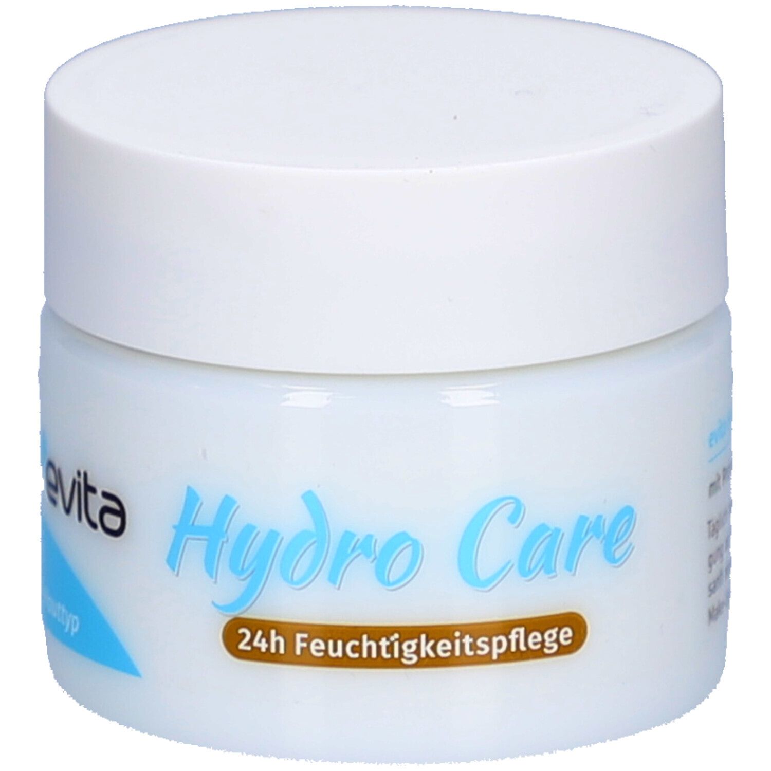 Pot blanc avec inscription bleu-vert Hydro Care et 24h Feuchtigkeitspflege. Couvercle blanc. Marque : evita.