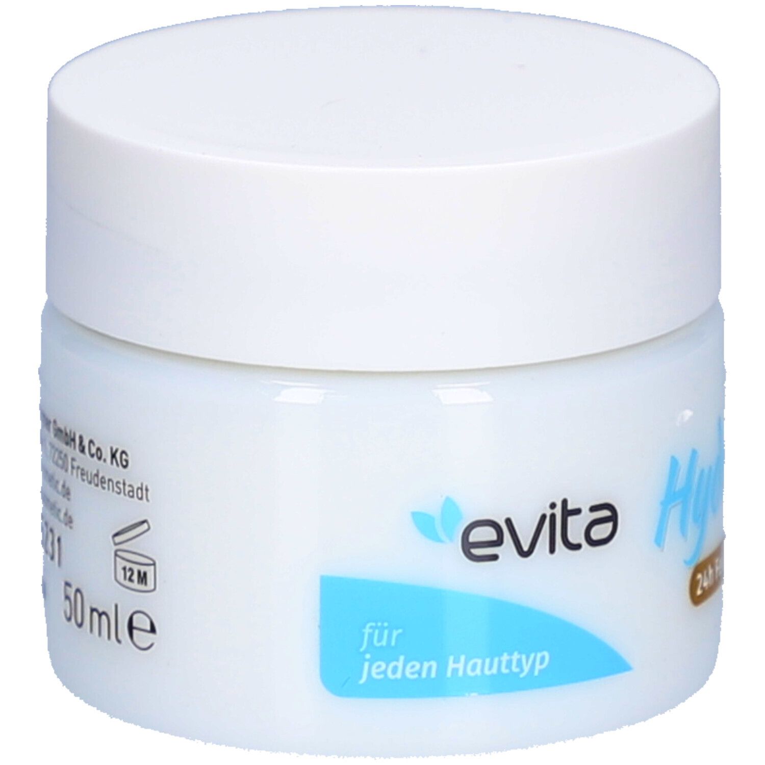 Pot blanc avec inscription bleu-vert Hydro Care. Couvercle blanc. Marque : evita. Inscription : pour chaque type de peau. 50 ml.