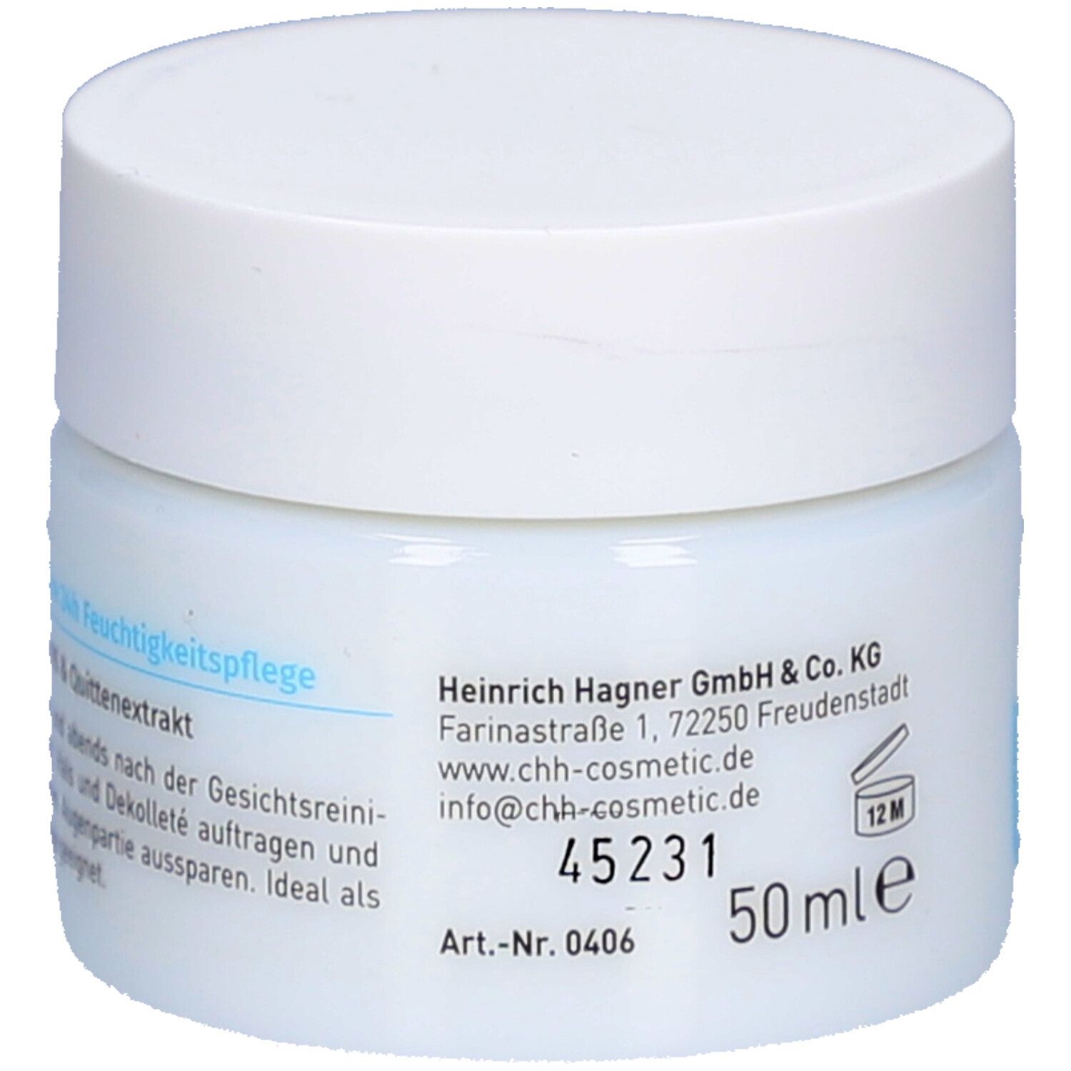 Pot blanc avec couvercle blanc. Inscription : 50 ml. Texte au dos. Marque : evita. Nom du produit : Hydro Care.