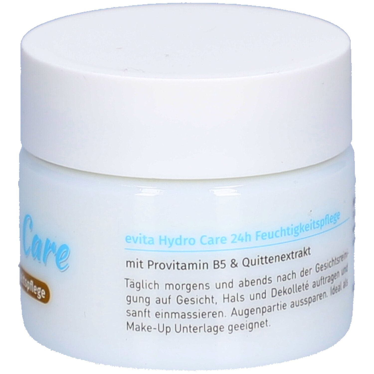 Pot blanc avec couvercle blanc. Inscription : evita Hydro Care 24h Feuchtigkeitspflege. Texte au dos.