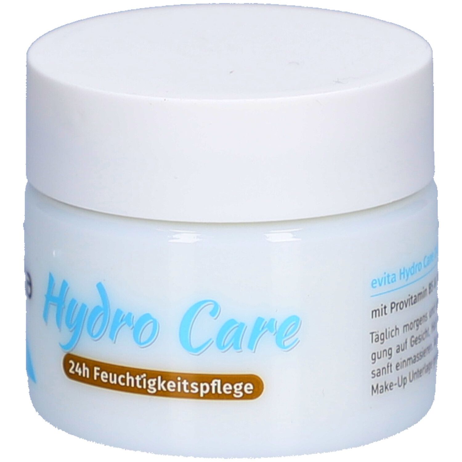 Pot blanc avec couvercle blanc. Inscription : Hydro Care et 24h Feuchtigkeitspflege. Marque : evita.