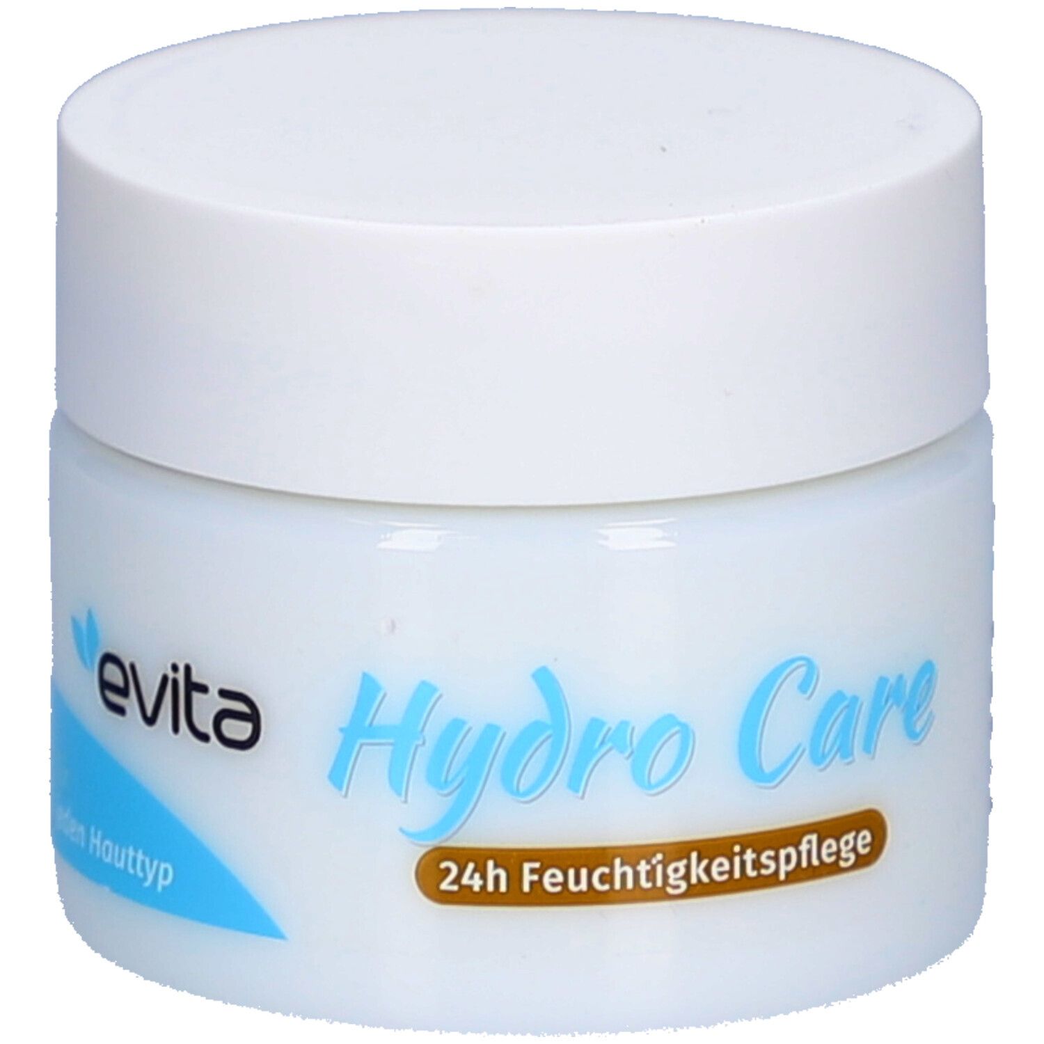 Pot blanc avec couvercle blanc. Inscription : Hydro Care et 24h Feuchtigkeitspflege. Marque : evita. Pour chaque type de peau.
