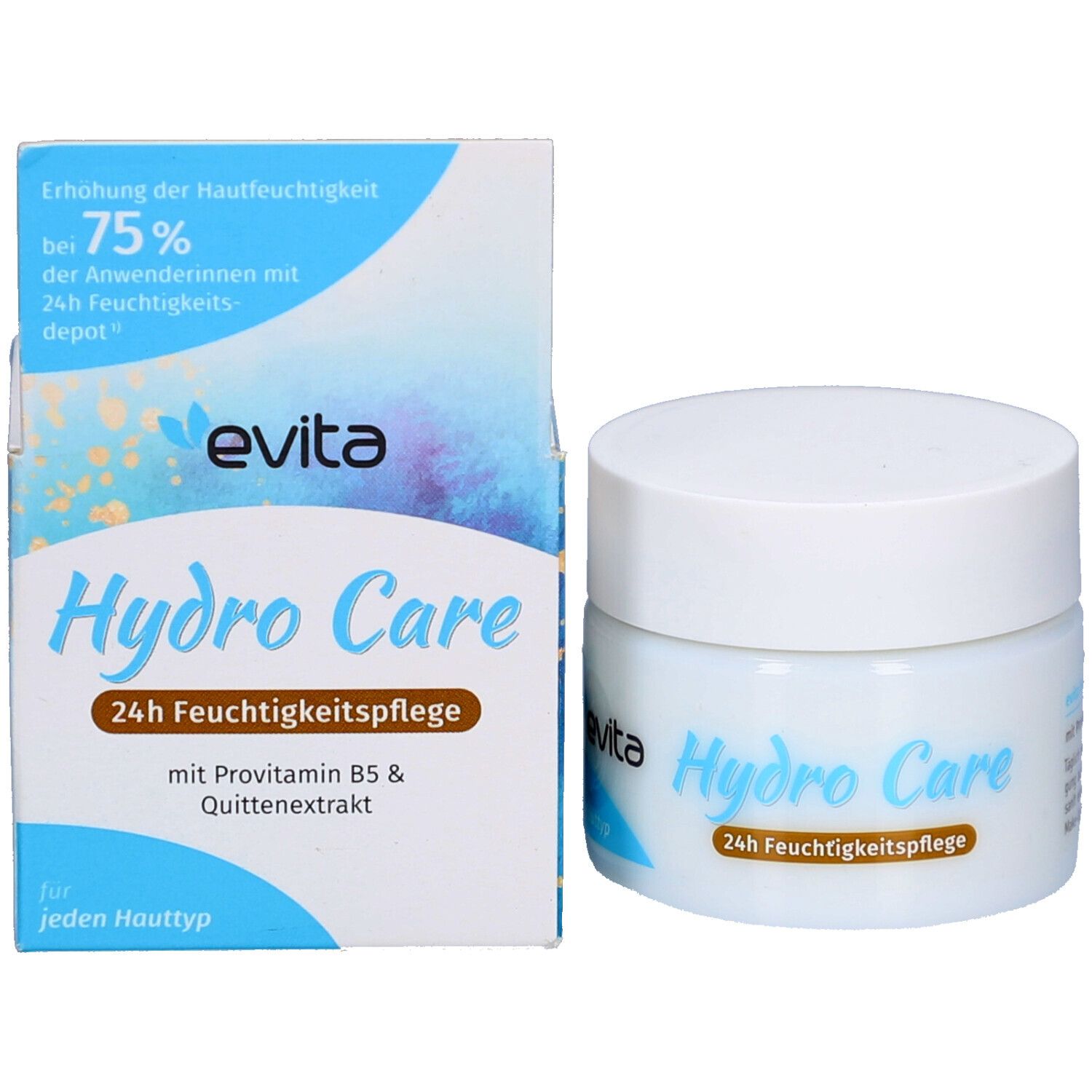 Pot blanc et emballage. Inscription : Hydro Care et 24h Feuchtigkeitspflege. Marque : evita. Pour chaque type de peau.