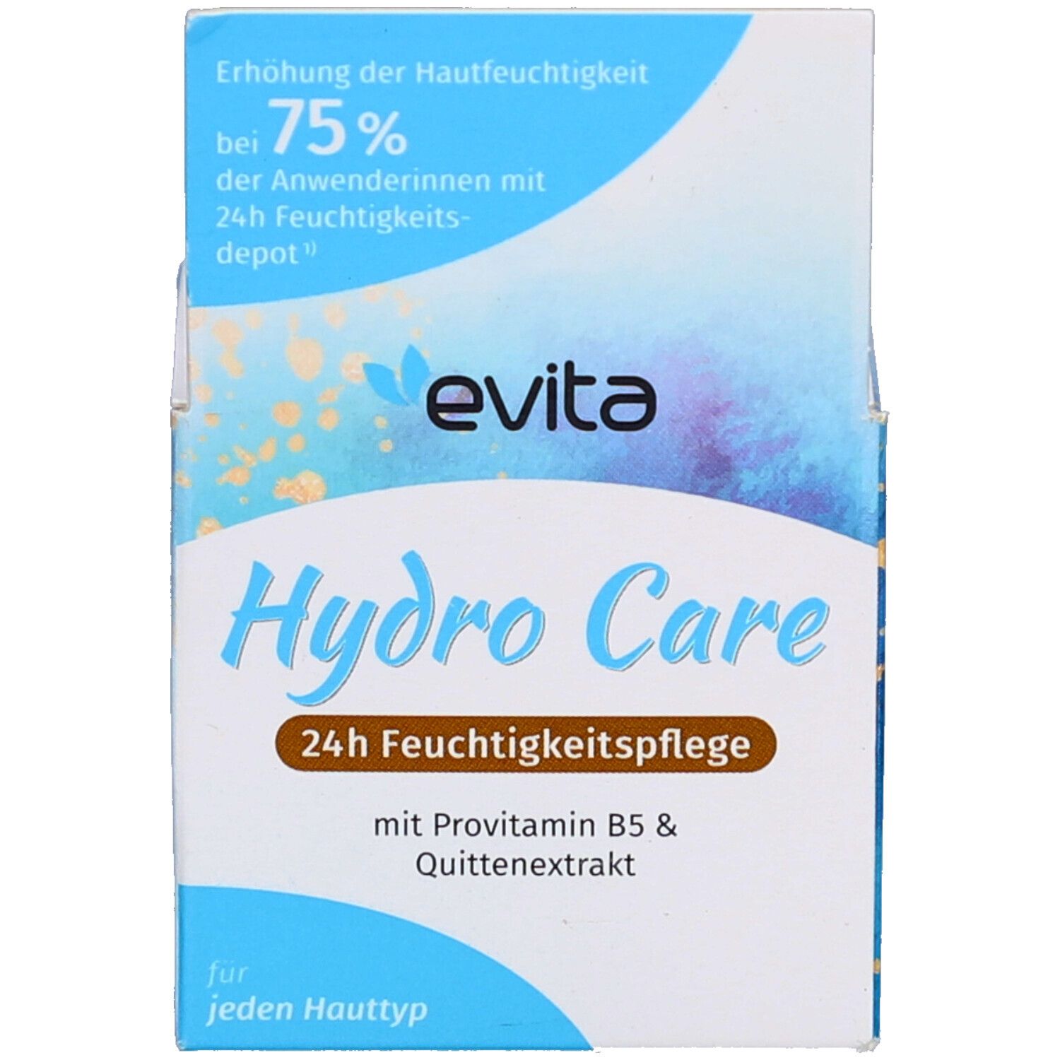 Emballage avec inscription : Hydro Care et 24h Feuchtigkeitspflege. Marque : evita. Pour chaque type de peau. Texte : 75% d'hydratation en plus.