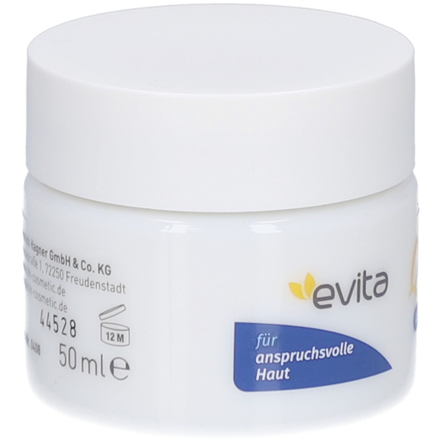 Pot blanc avec couvercle blanc. Inscription : evita, pour peaux exigeantes. 50 ml.