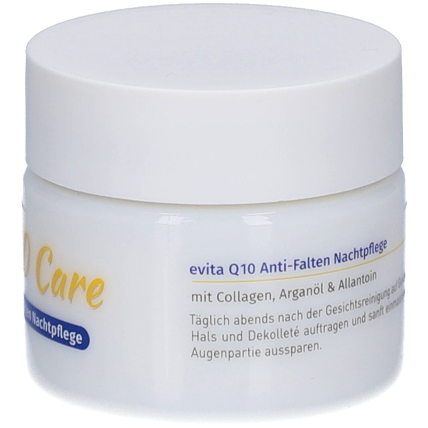 Pot blanc avec couvercle blanc. Inscription : evita Q10 Care Soin de nuit anti-rides. Avec collagène, argan & allantoïne.