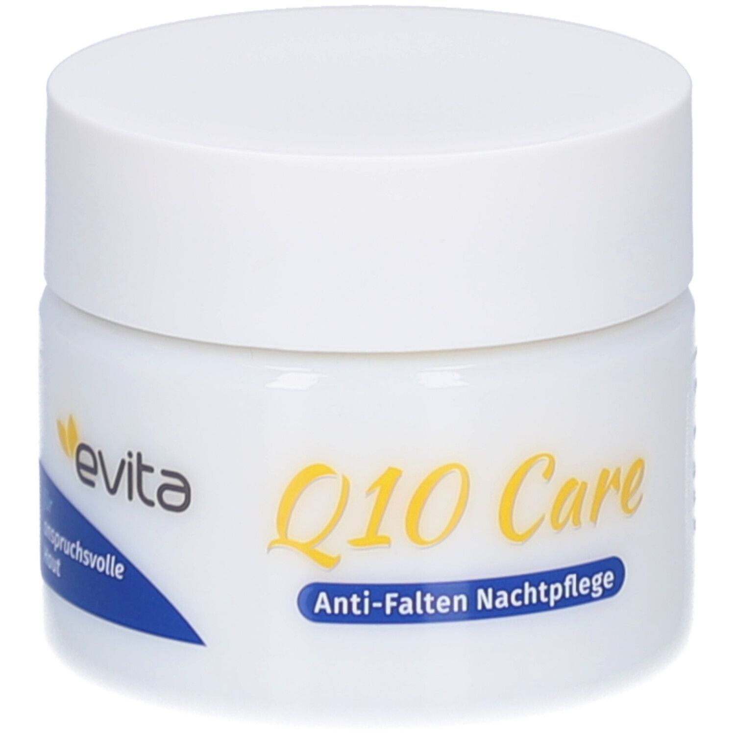 Pot blanc avec couvercle blanc. Inscription : evita, Q10 Care Soin de nuit anti-rides.