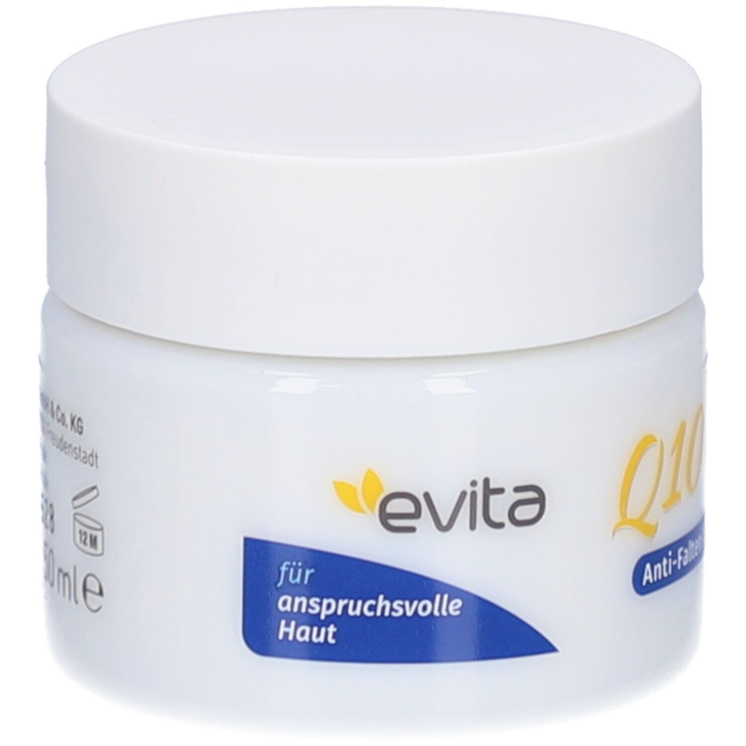 Pot blanc avec couvercle blanc. Inscription : evita, pour peaux exigeantes. 50 ml.