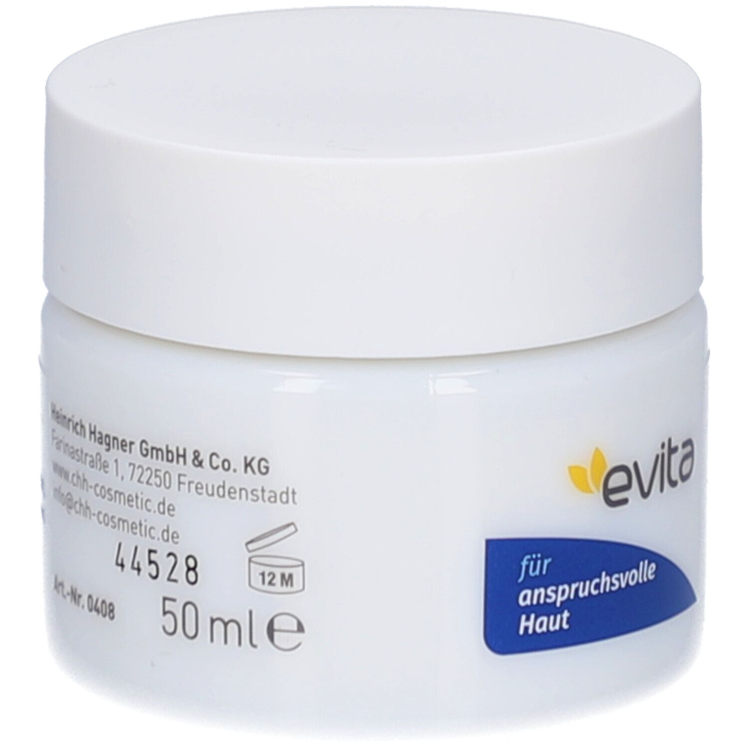 Pot blanc avec couvercle blanc. Inscription : evita, pour peaux exigeantes. 50 ml.