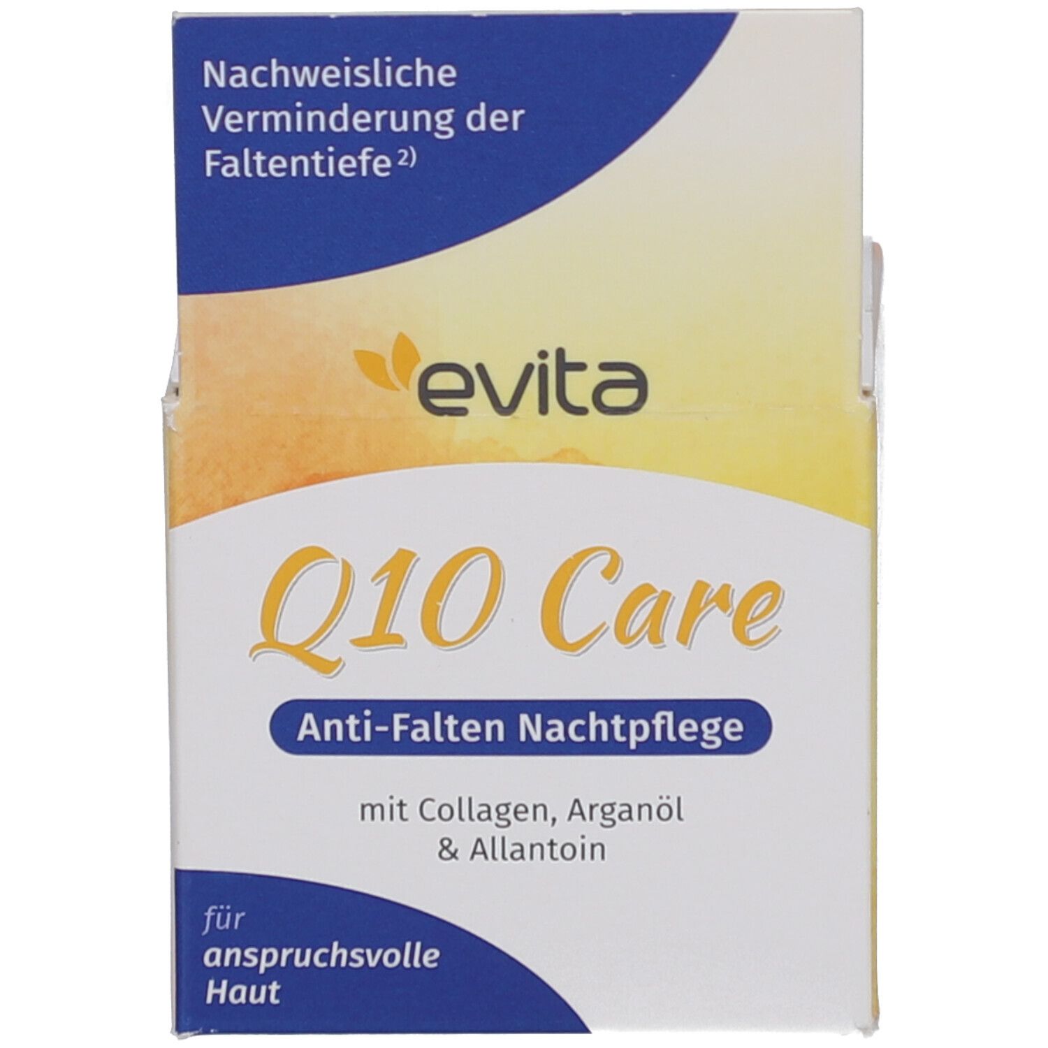 Boîte avec inscription : evita Q10 Care Soin de nuit anti-rides. Avec collagène, argan & allantoïne. Pour peaux exigeantes.