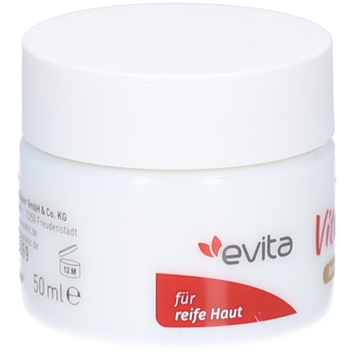 Pot blanc avec couvercle. Autocollant rouge avec texte. Inscription : evita Vital Care. 50 ml.