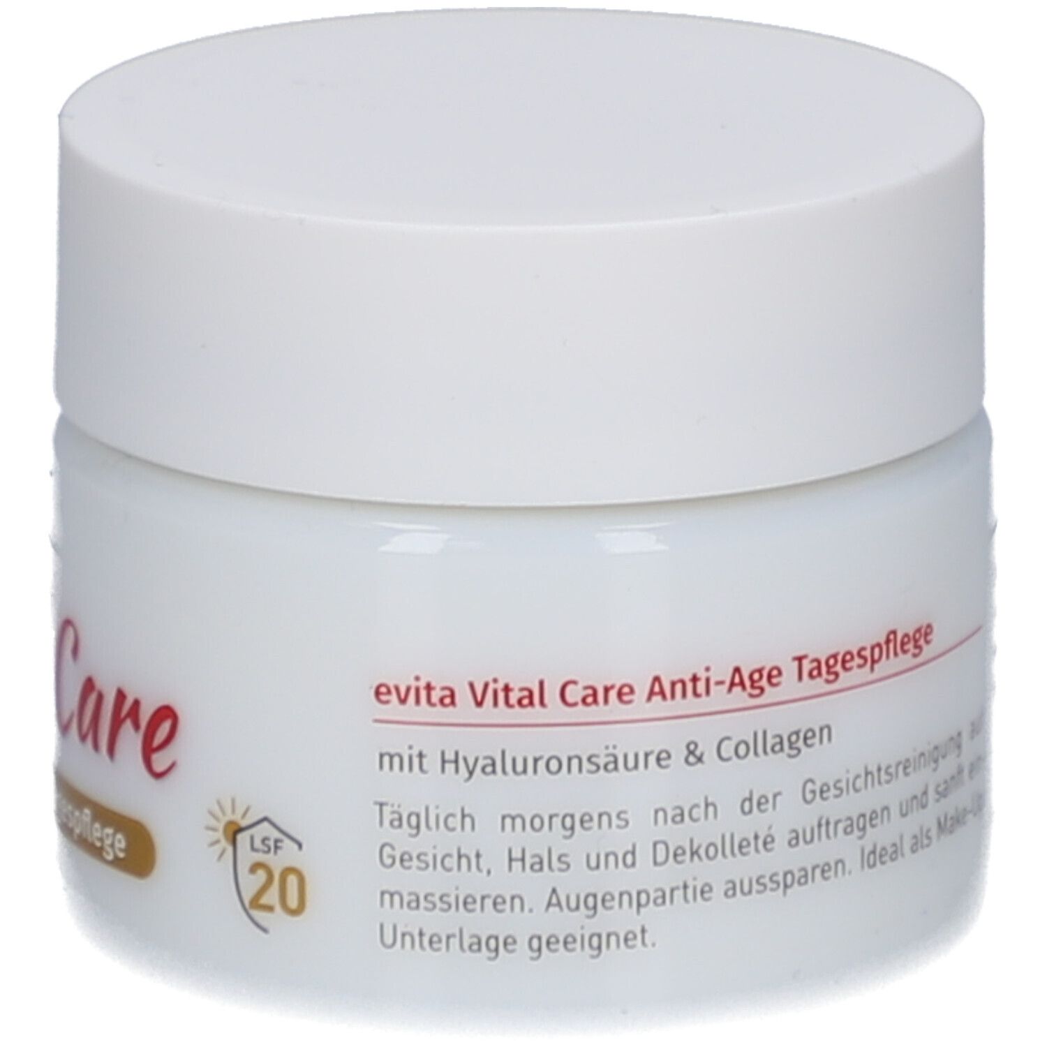 Pot blanc avec couvercle. Inscription : evita Vital Care Anti-Age Tagespflege. Avec acide hyaluronique & collagène. SPF 20.