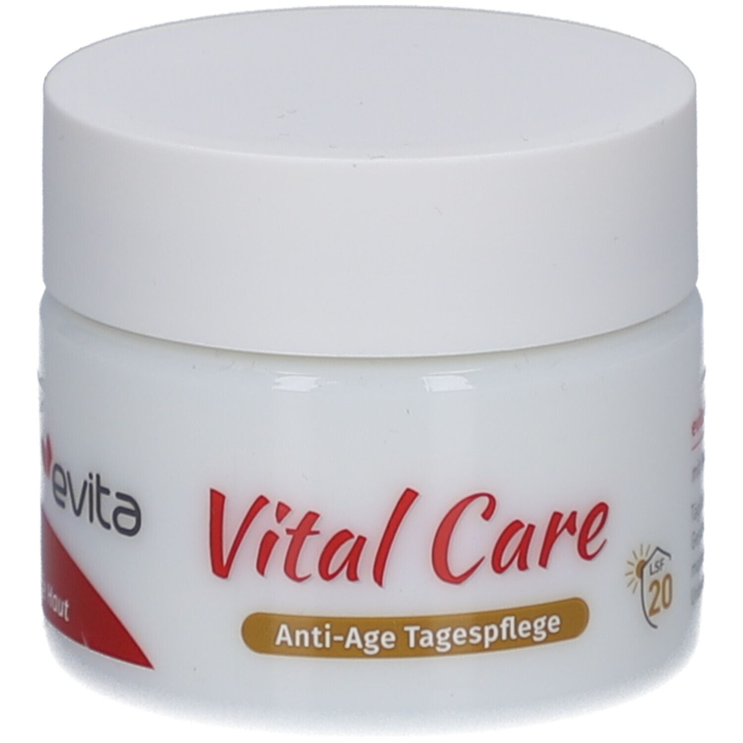 Pot blanc avec couvercle. Inscription : evita Vital Care Anti-Age Tagespflege. SPF 20. Autocollant rouge avec texte.