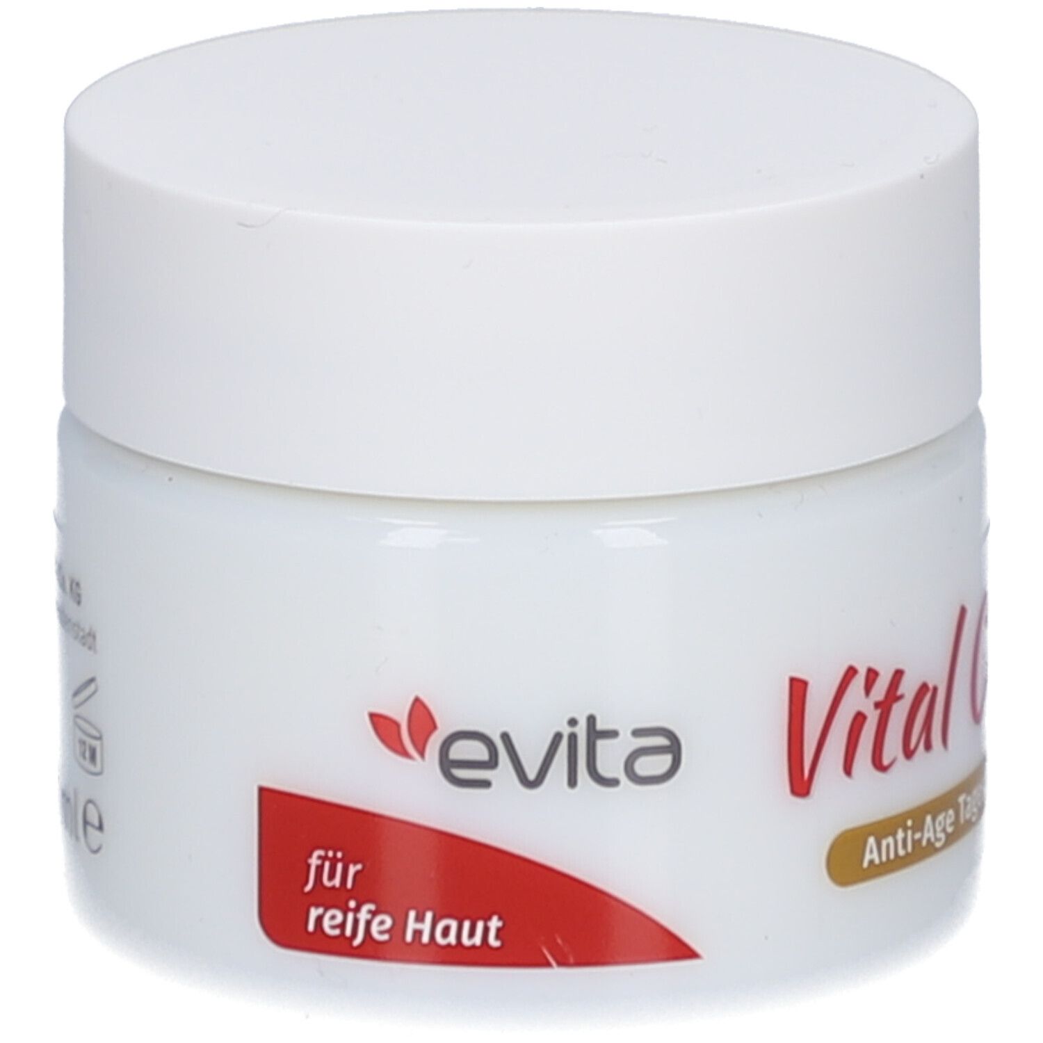 Pot blanc avec couvercle. Inscription : evita Vital Care Anti-Age Tagespflege. Autocollant rouge avec texte.