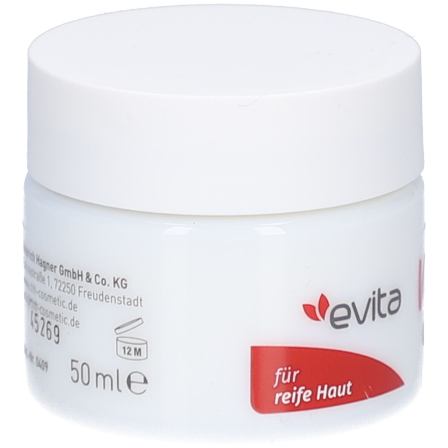 Pot blanc avec couvercle. Inscription : evita Vital Care. 50 ml. Autocollant rouge avec texte.