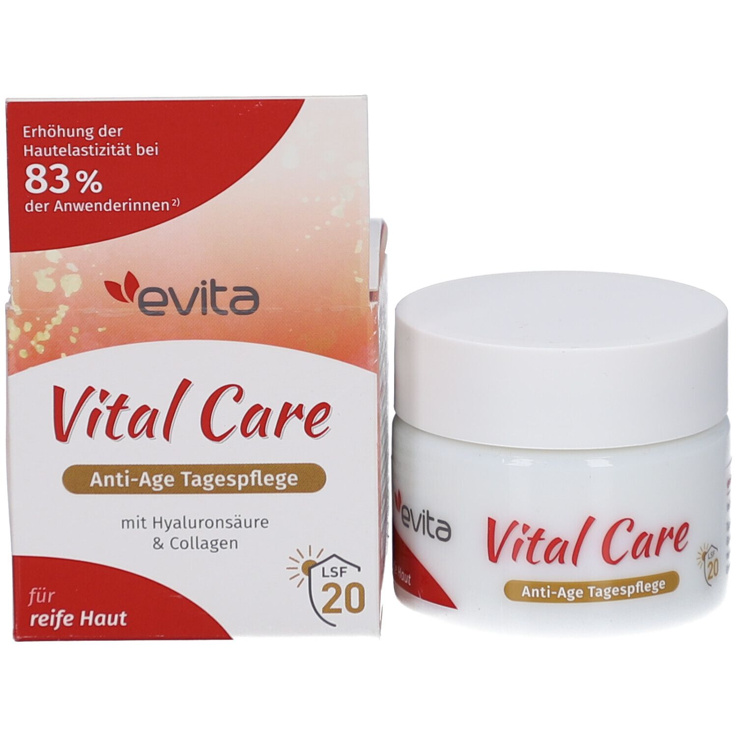 Pot de crème et emballage. Inscription : evita Vital Care Anti-Age Tagespflege. Avec acide hyaluronique & collagène. SPF 20.