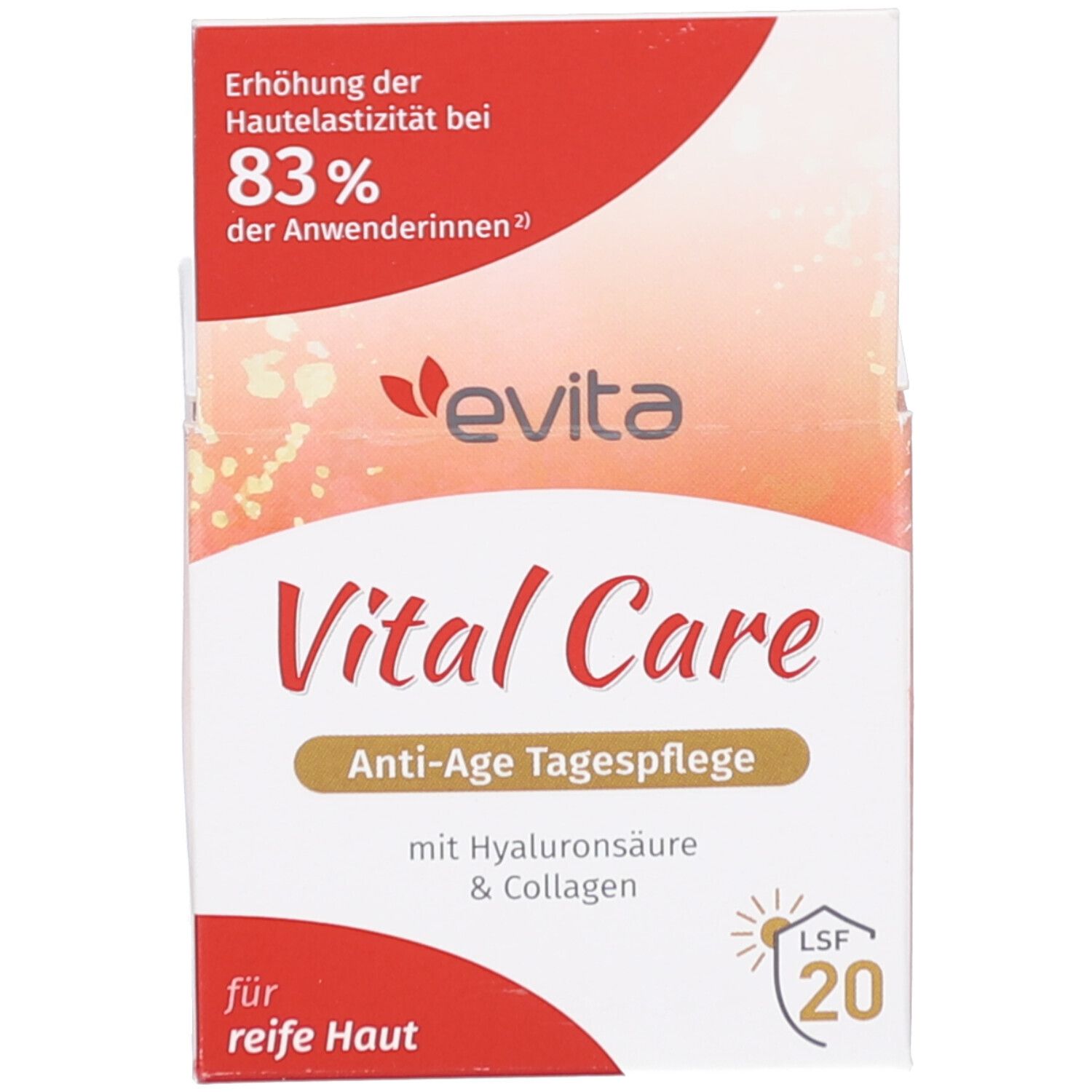 Emballage avec texte. Inscription : evita Vital Care Anti-Age Tagespflege. Avec acide hyaluronique & collagène. SPF 20.