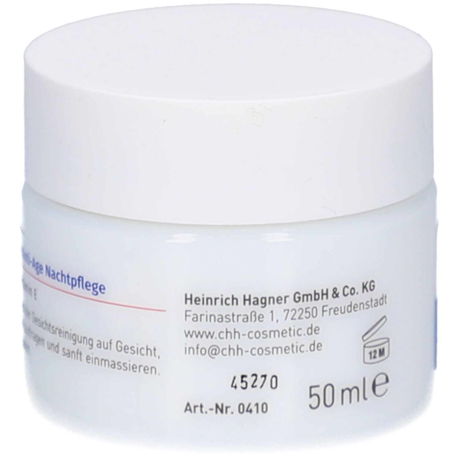 Pot blanc avec bouchon à vis. Inscription : Anti-Age Nachtpflege, Heinrich Hagner GmbH & Co. KG, 50 ml, 12M.
