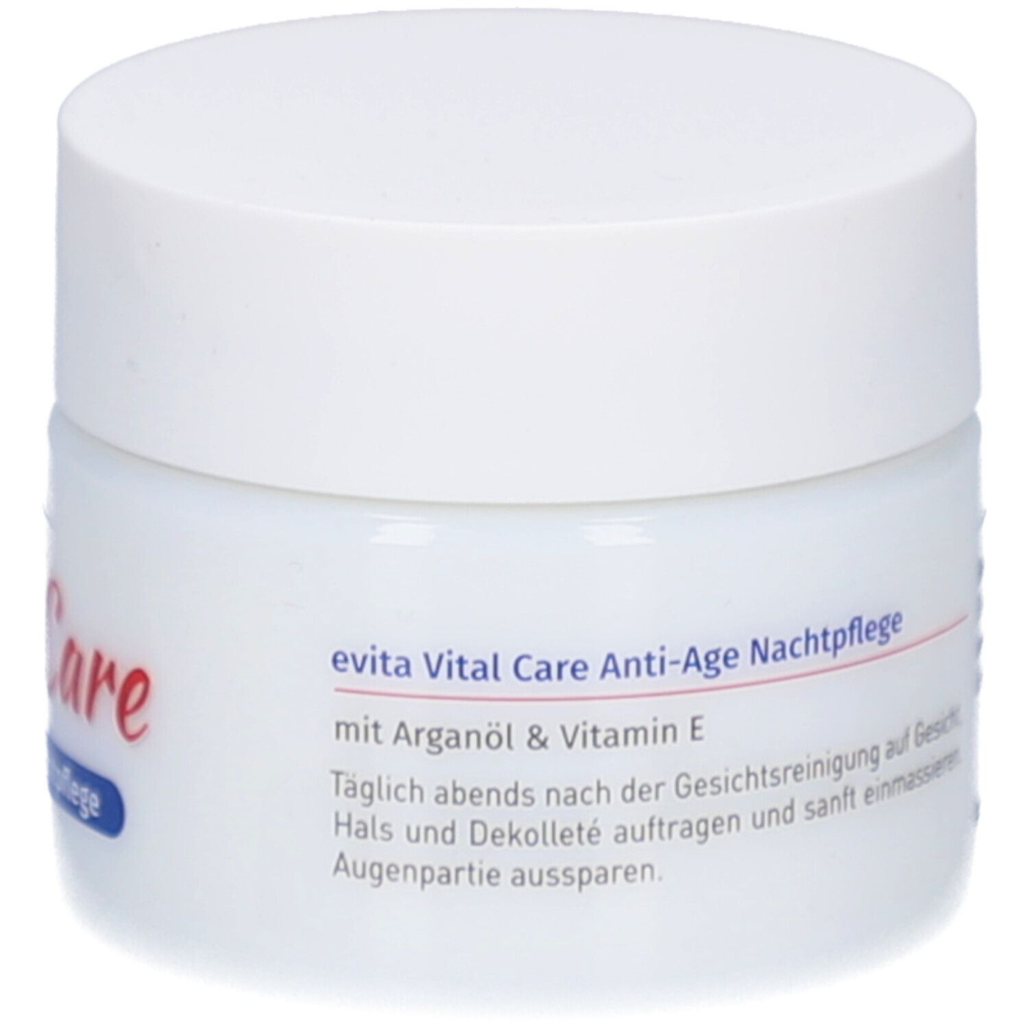 Pot blanc avec bouchon à vis. Inscription : evita Vital Care Anti-Age Nachtpflege, avec huile d'argan et vitamine E.