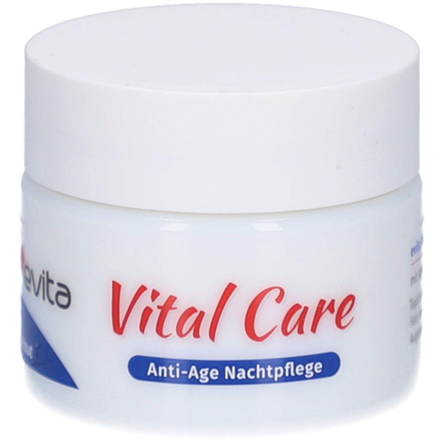 Pot blanc avec bouchon à vis. Inscription : evita, Vital Care, Anti-Age Nachtpflege.
