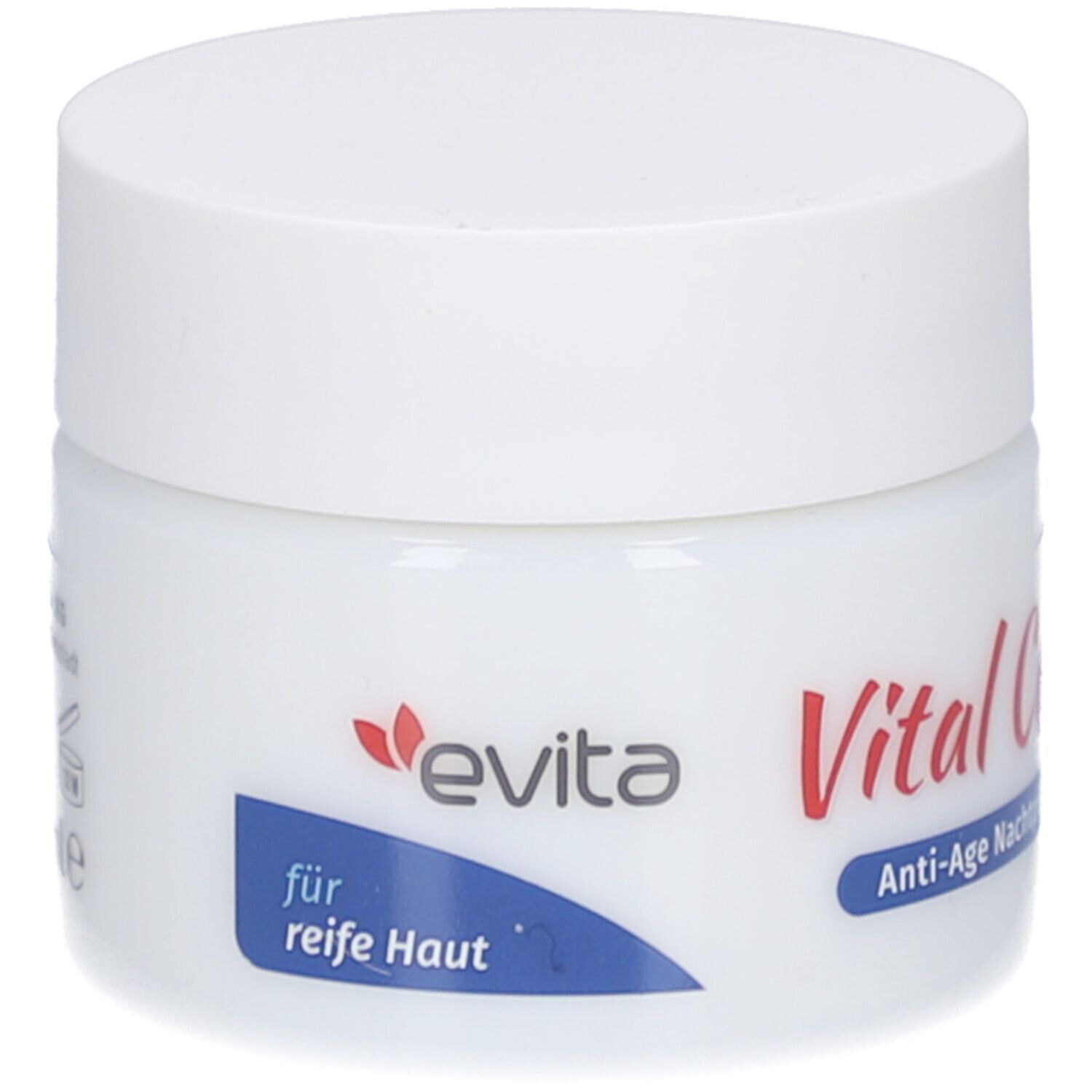 Pot blanc avec bouchon à vis. Inscription : evita, Vital Care, Anti-Age Nachtpflege, pour peau mature.