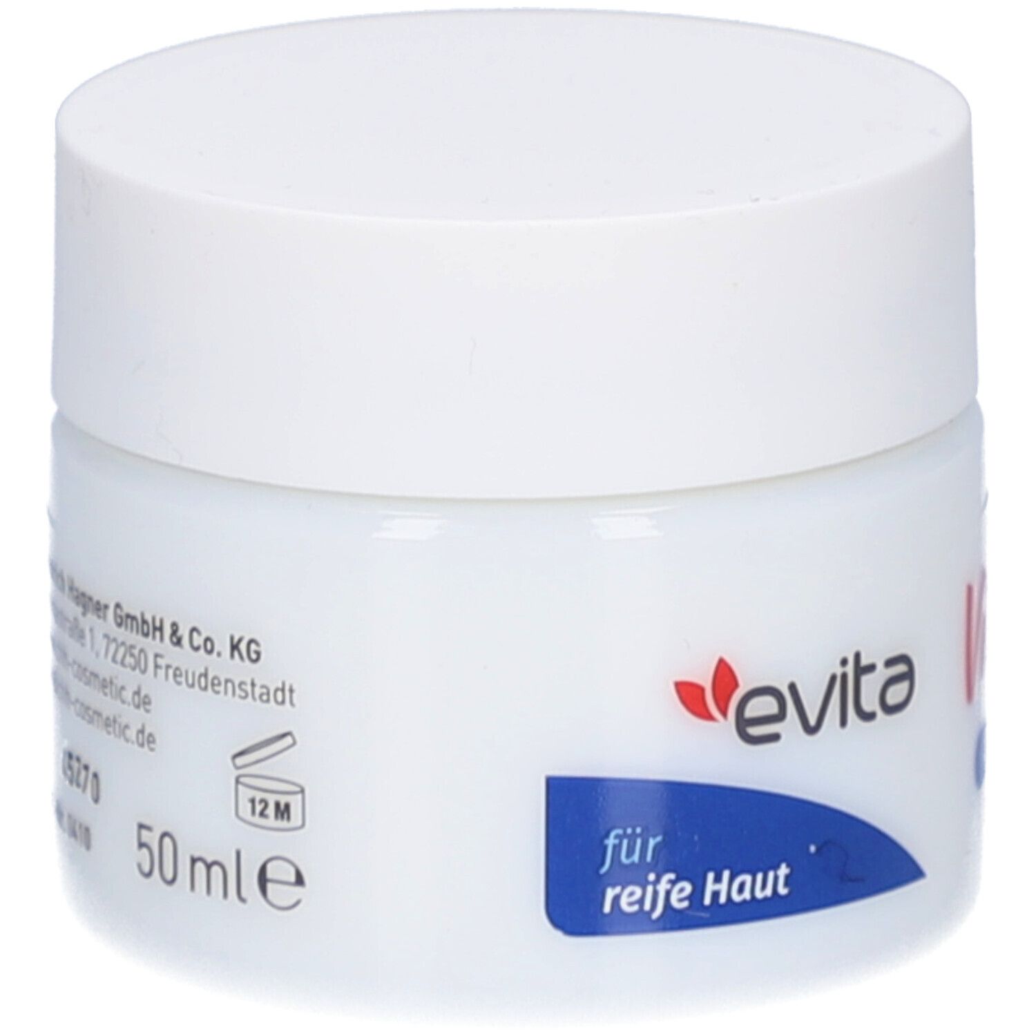Pot blanc avec bouchon à vis. Inscription : evita, Vital Care, Anti-Age Nachtpflege, pour peau mature. 50 ml, 12M.