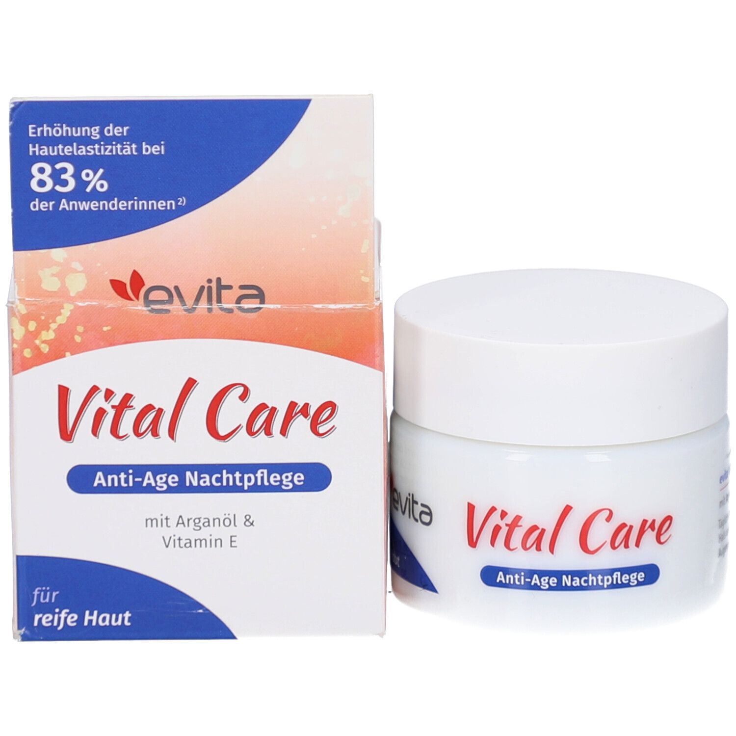Pot blanc et boîte. Inscription : evita, Vital Care, Anti-Age Nachtpflege, pour peau mature. Avec huile d'argan et vitamine E.