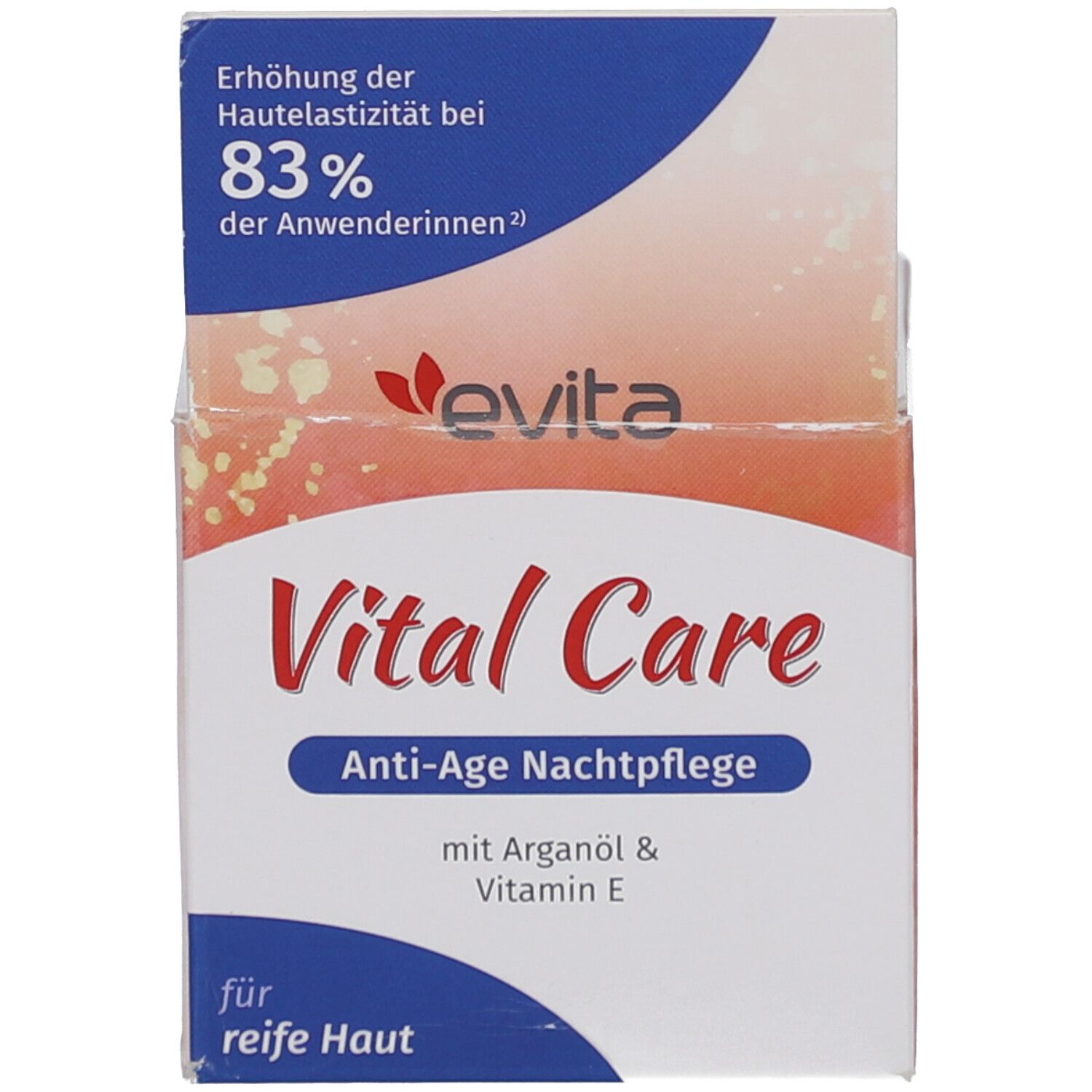 Boîte. Inscription : evita, Vital Care, Anti-Age Nachtpflege, pour peau mature. Avec huile d'argan et vitamine E. 83% élasticité.