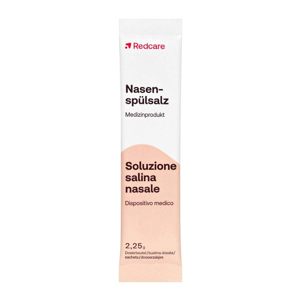 Emballage de Redcare Nasenspülsalz. Inscription : Nasenspülsalz, produit médical. Soluzione salina nasale, dispositif médical. 2,25g.
