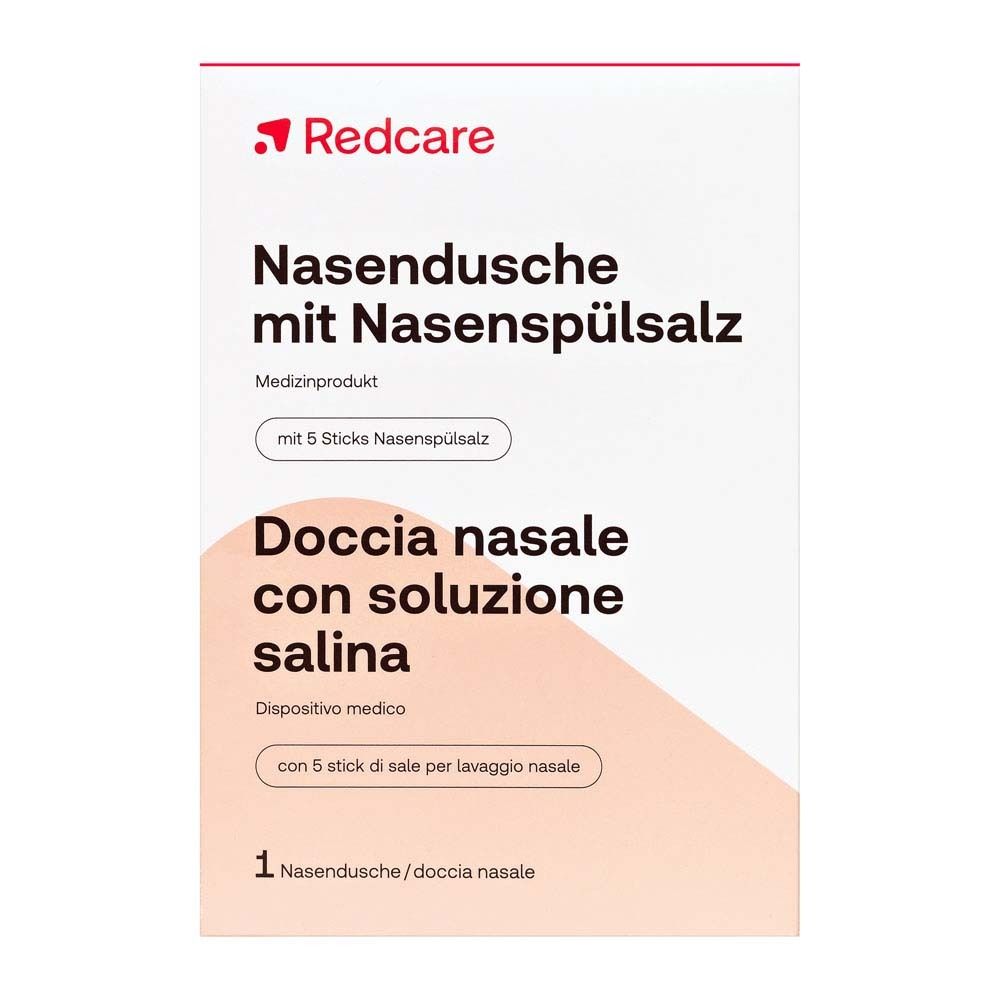Emballage de Redcare Nasendusche mit Nasenspülsalz. Contient une douche nasale et 5 sticks de sel. Inscription : Doccia nasale con soluzione salina.