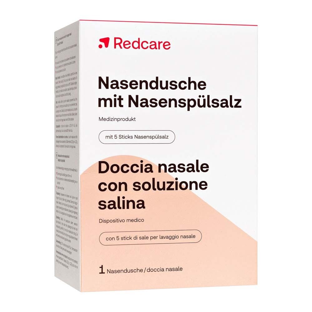 Emballage de Redcare Nasendusche mit Nasenspülsalz. Contient une douche nasale et 5 sticks de sel. Inscription : Doccia nasale con soluzione salina.