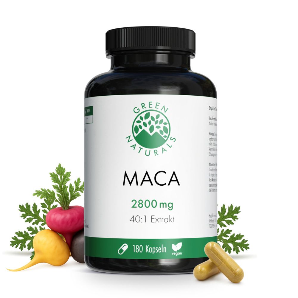 Flacon noir avec étiquette blanche. Inscription : MACA 2800 mg, 180 gélules. Végétalien. Gélules jaunes à côté. Racines au premier plan.