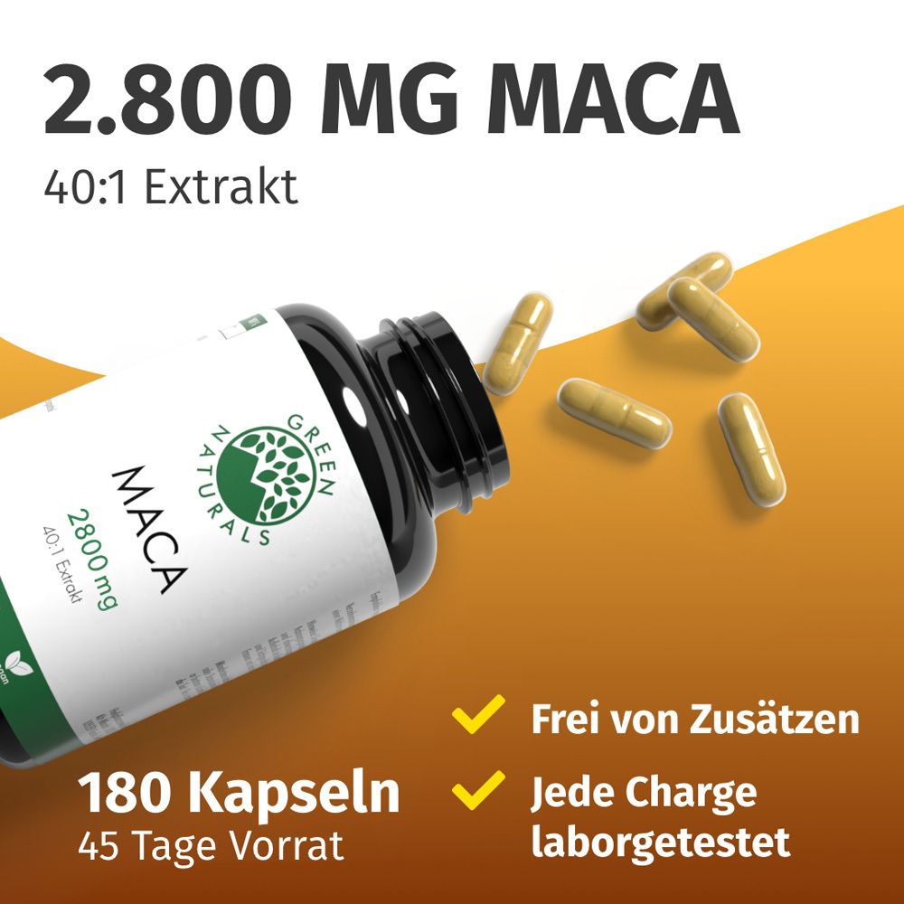 Flacon noir avec étiquette blanche. Inscription : 2.800 MG MACA, 180 gélules. Gélules jaunes à côté. Texte : Sans additifs, testé en laboratoire.