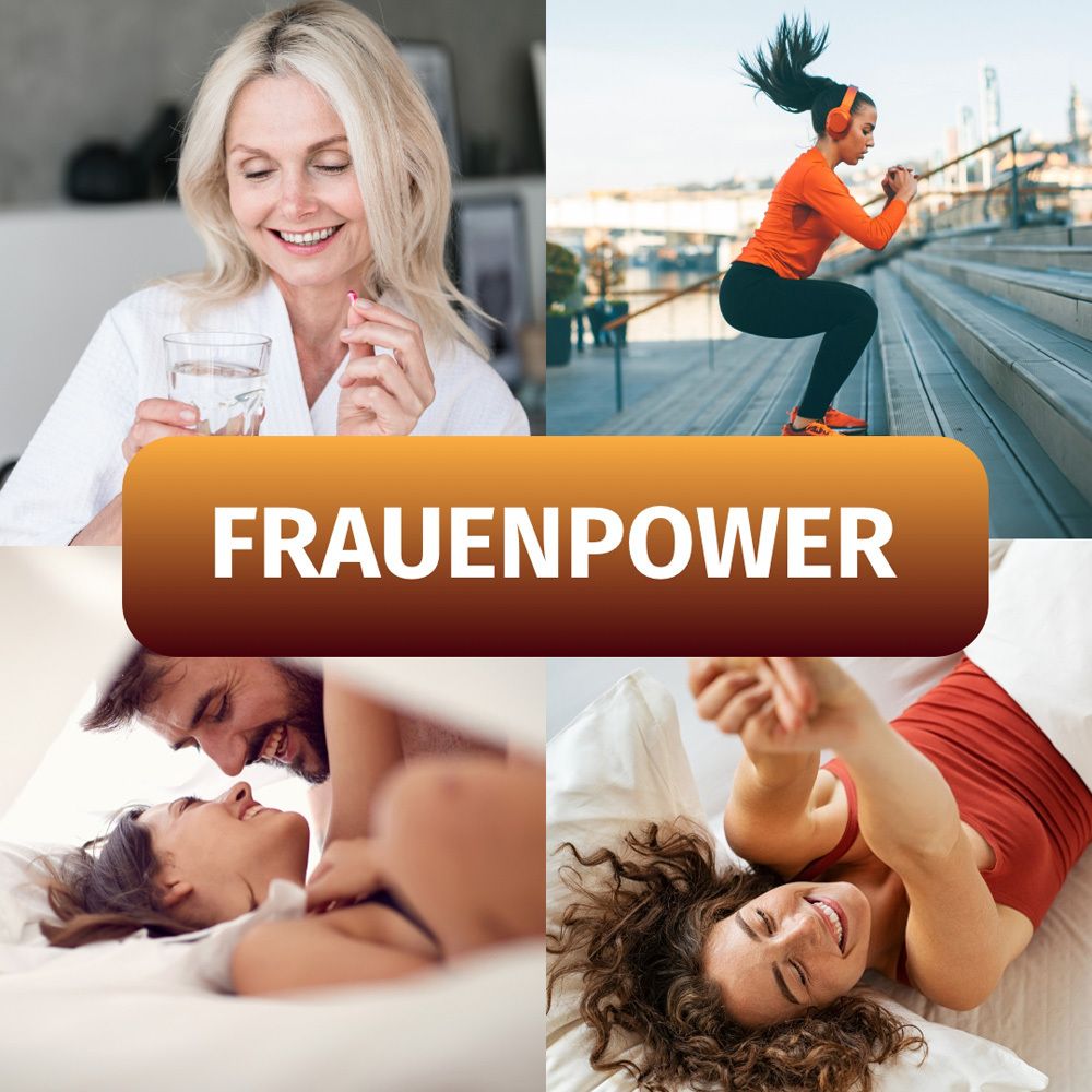 Collage de quatre images. Femmes dans différentes situations : boire de l'eau, faire du sport, au lit, câliner. Texte : FRAUENPOWER.