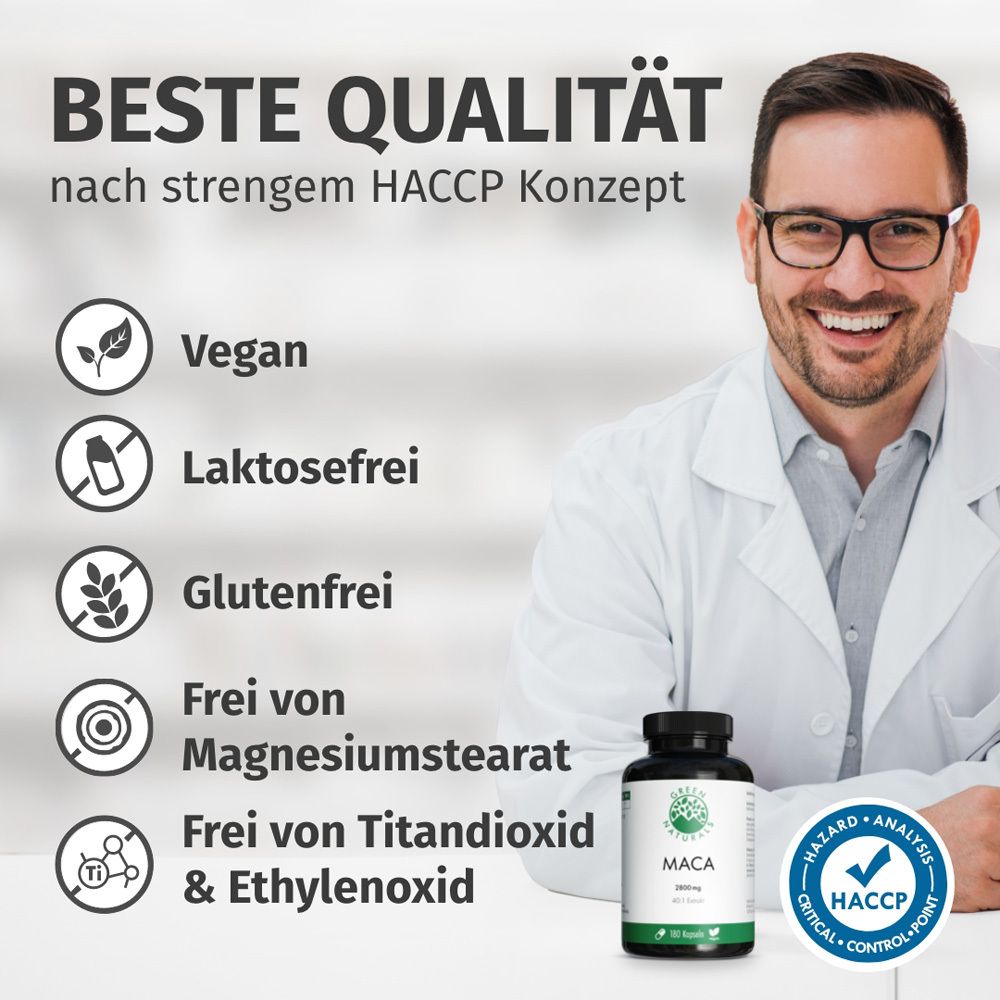 Homme en blouse blanche tenant un flacon. Texte : Meilleure qualité selon le concept HACCP. Végétalien, sans lactose, sans gluten. Label HACCP.