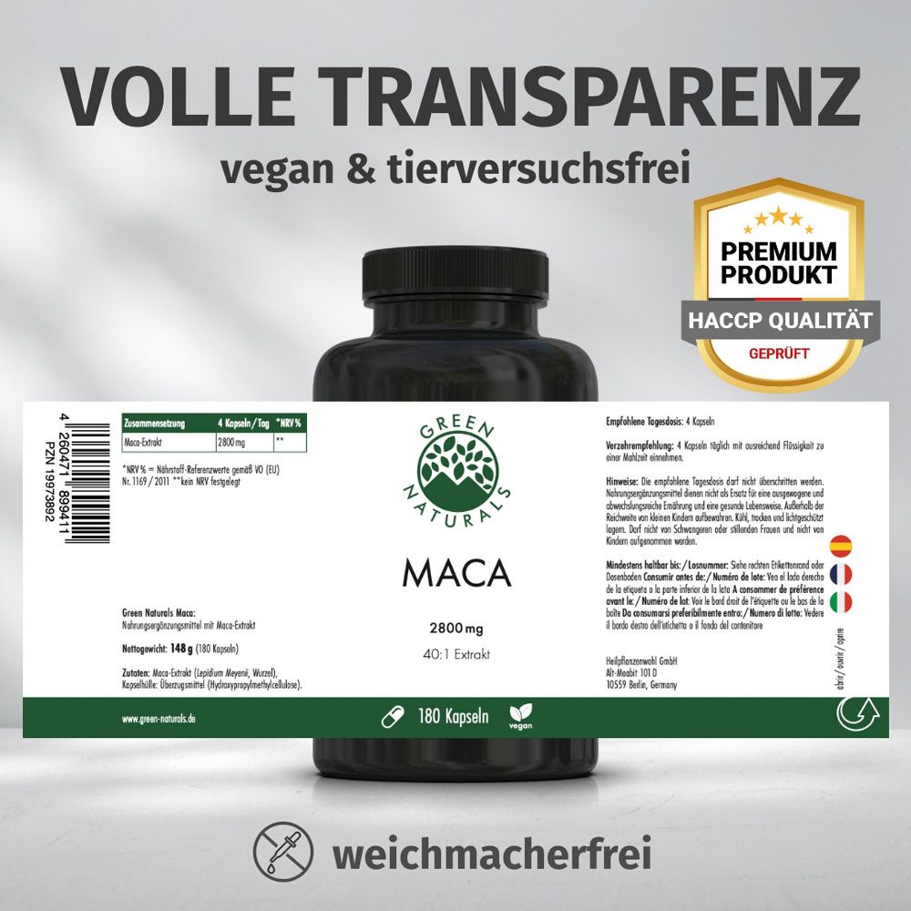 Flacon avec étiquette. Texte : Transparence totale, végétalien et sans expérimentation animale. Produit premium, qualité HACCP. Étiquette avec ingrédients.