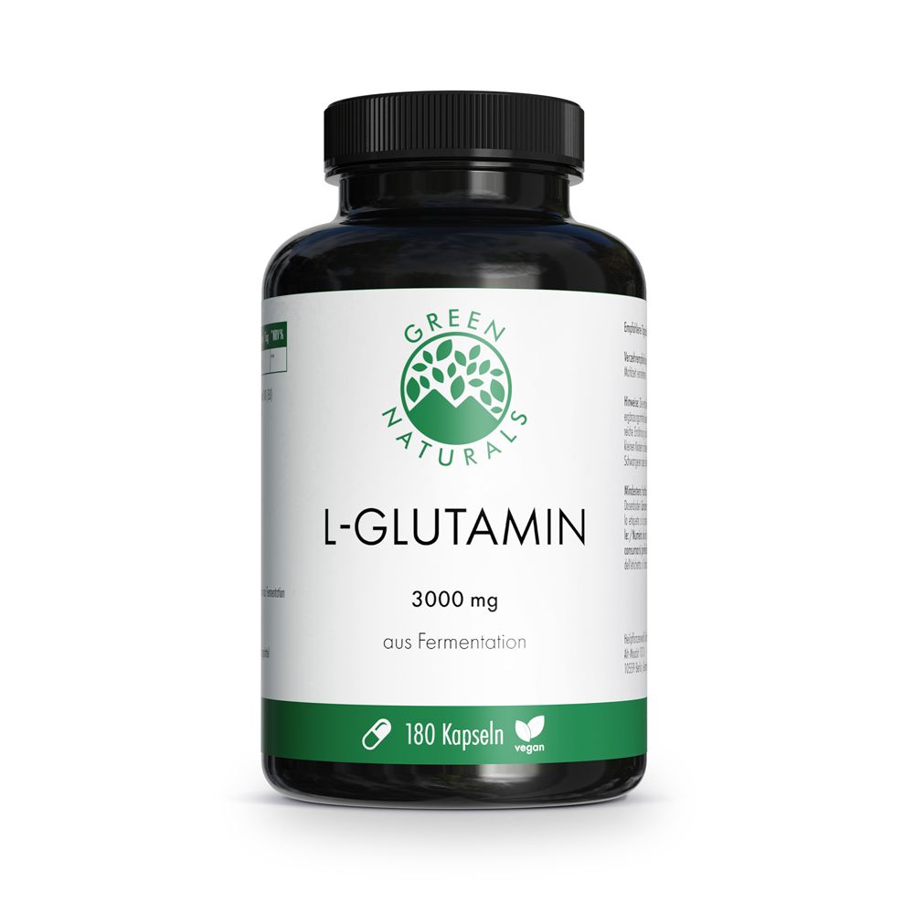 Flacon noir avec étiquette blanche. Inscription : GREEN NATURALS L-Glutamine 3000 mg, 180 gélules, vegan.