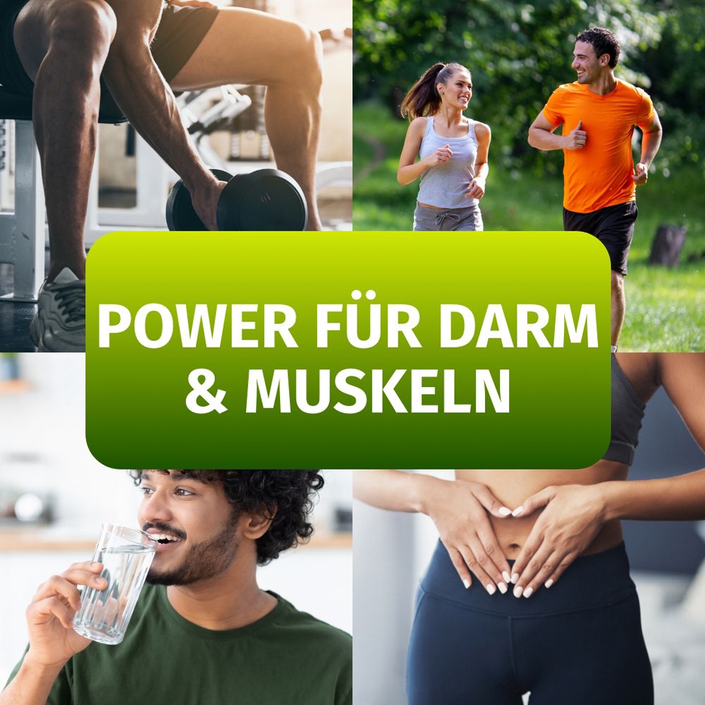 Collage avec sportifs et texte : POWER POUR INTESTINS & MUSCLES. Personnes buvant de l'eau, s'entraînant et courant.