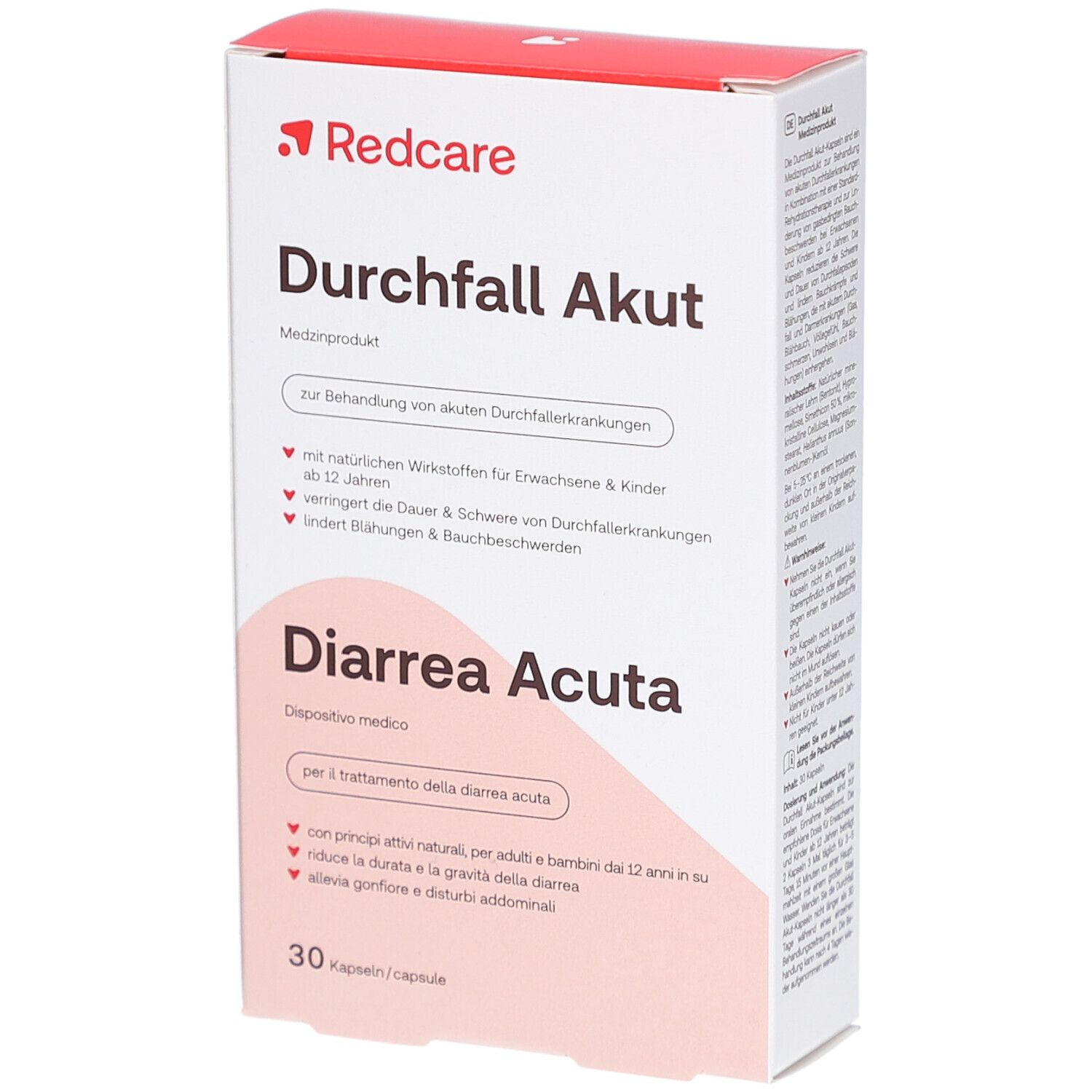 Boîte blanche avec logo rouge "Redcare". Inscription "Durchfall Akut" et "Diarrhea Acuta". 30 gélules.