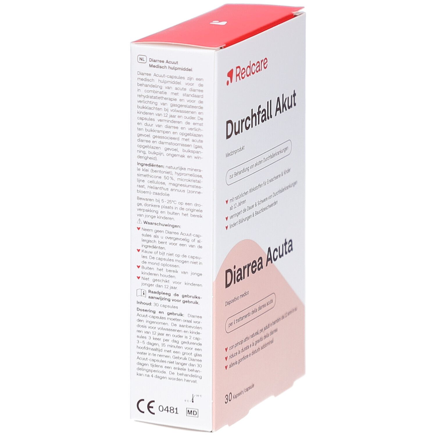 Boîte avec logo rouge "Redcare". Inscription "Durchfall Akut" et "Diarrhea Acuta". Texte en allemand.