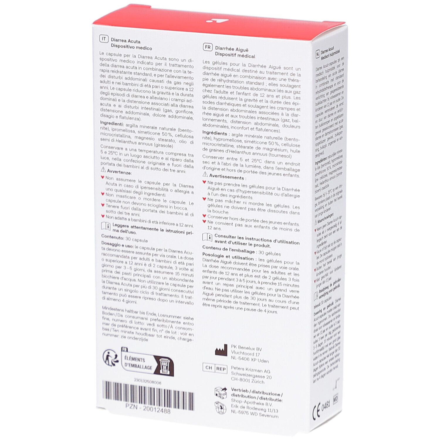 Boîte avec logo rouge "Redcare". Inscription "Durchfall Akut" et "Diarrhea Acuta". Texte en allemand.