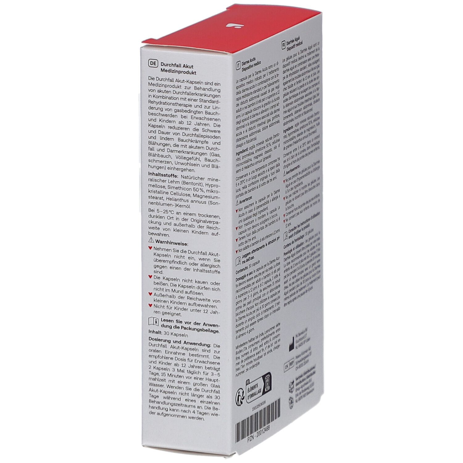 Boîte blanche avec logo rouge "Redcare". Inscription "Durchfall Akut" et "Diarrhea Acuta". 30 gélules.