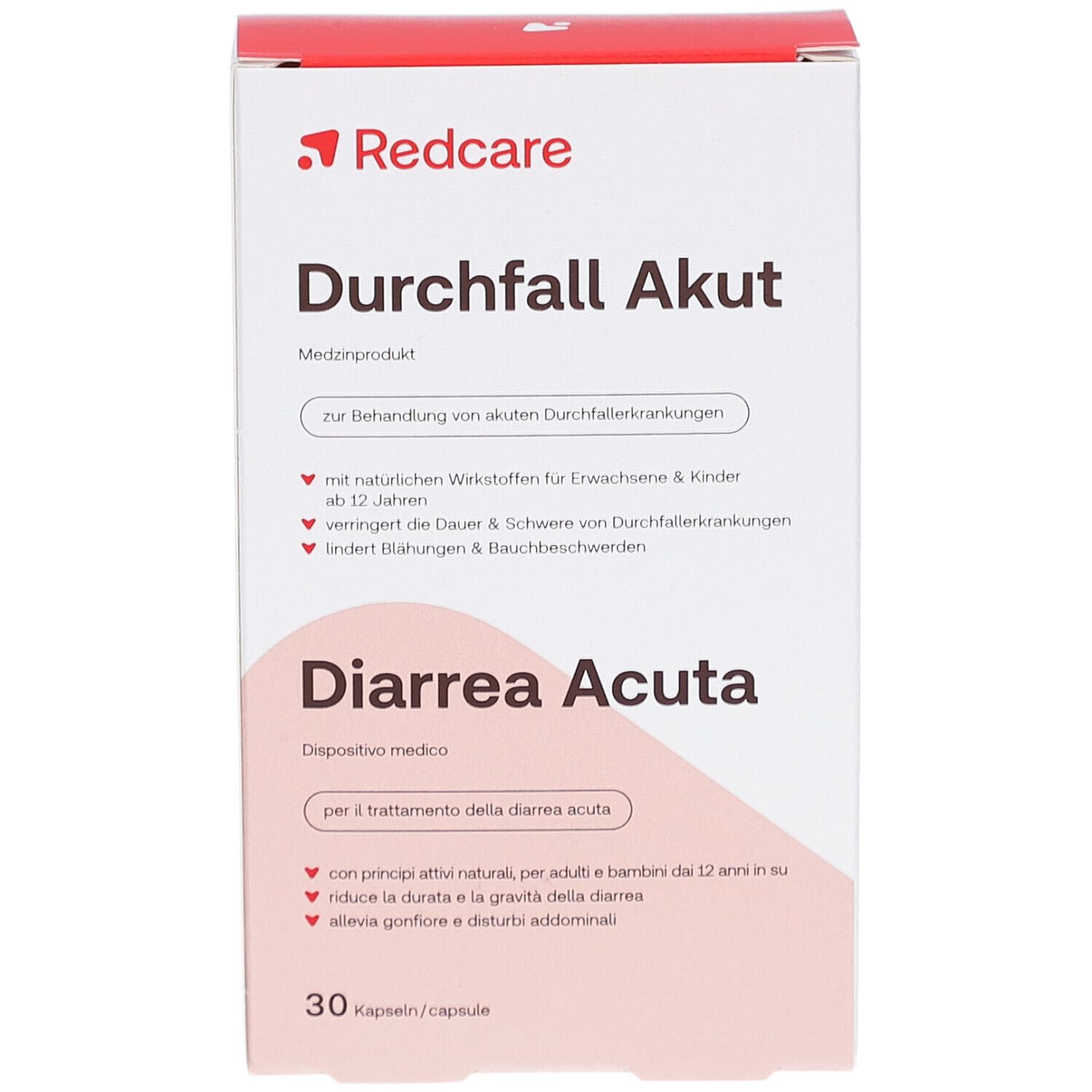 Boîte blanche avec logo rouge "Redcare". Inscription "Durchfall Akut" et "Diarrhea Acuta". 30 gélules.