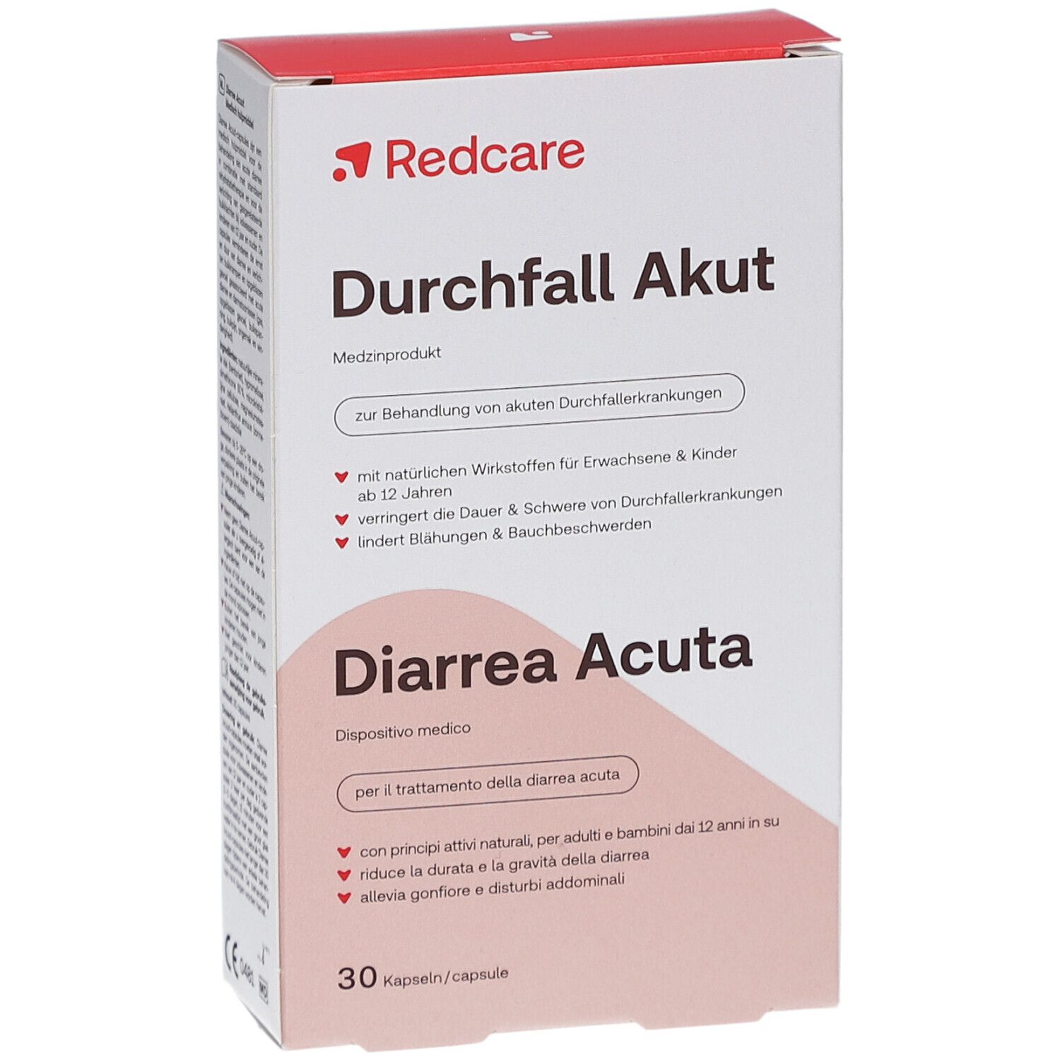 Boîte blanche avec logo rouge "Redcare". Inscription "Durchfall Akut" et "Diarrhea Acuta". 30 gélules.