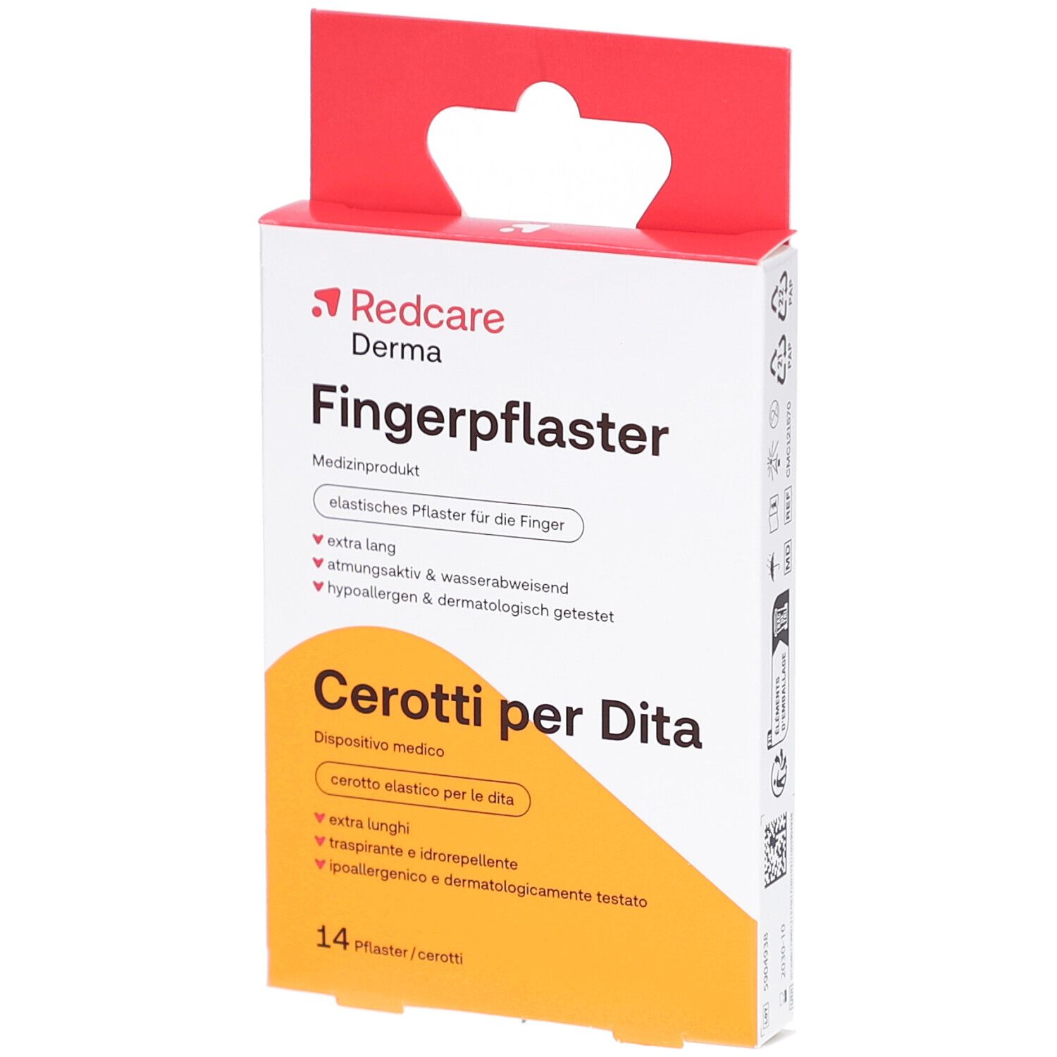 Boîte de pansements pour doigts Redcare Derma. Inscription : Fingerpflaster, Cerotti per Dita. Contient 14 pansements.