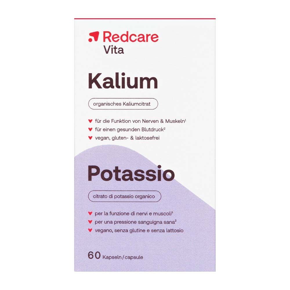 Boîte avec inscription: Redcare Vita Kalium, Potassio, 60 gélules. Accent violet.