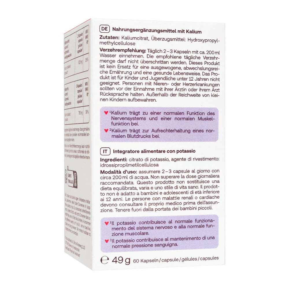 Boîte avec inscription: Redcare Vita Kalium, Potassio, 60 gélules. Accent violet.